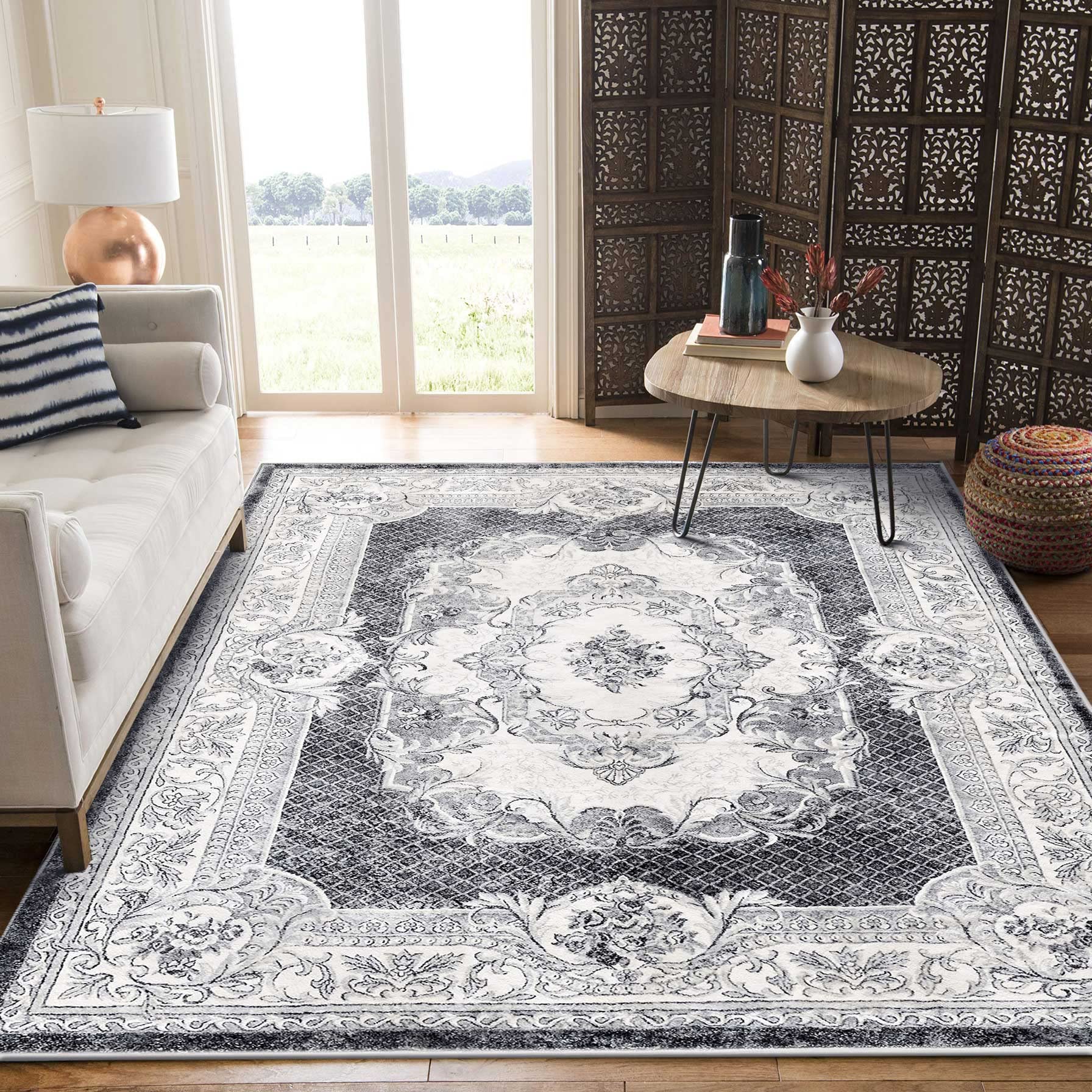 Calore Non-Slip Washable Area Rug 5.3'x6.7' - Soft Indoor Carpet for Living Room, Bedroom & Dining Room - Grey and White - Perfect for Home Decor, Pet-Friendly & High Traffic Areas