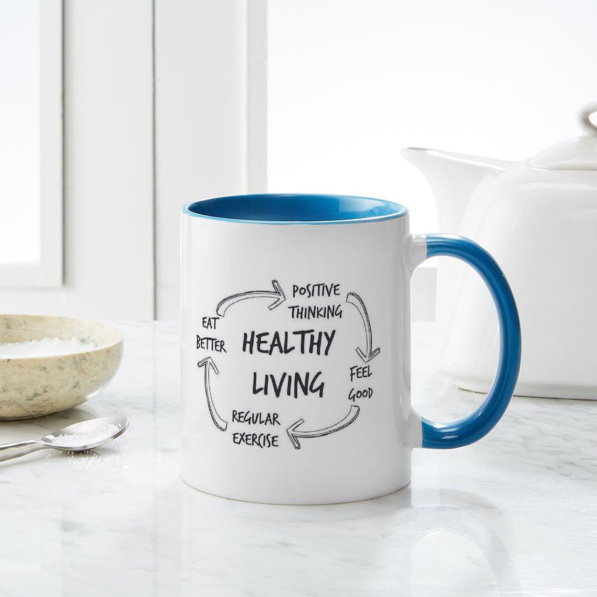 Healthy Living Ceramic Coffee Mug 11 oz (325 ml) - Inspirational & Motivational Gift for Tea, Coffee, or Hot Chocolate - Perfect for Home, Office, or Gym Use