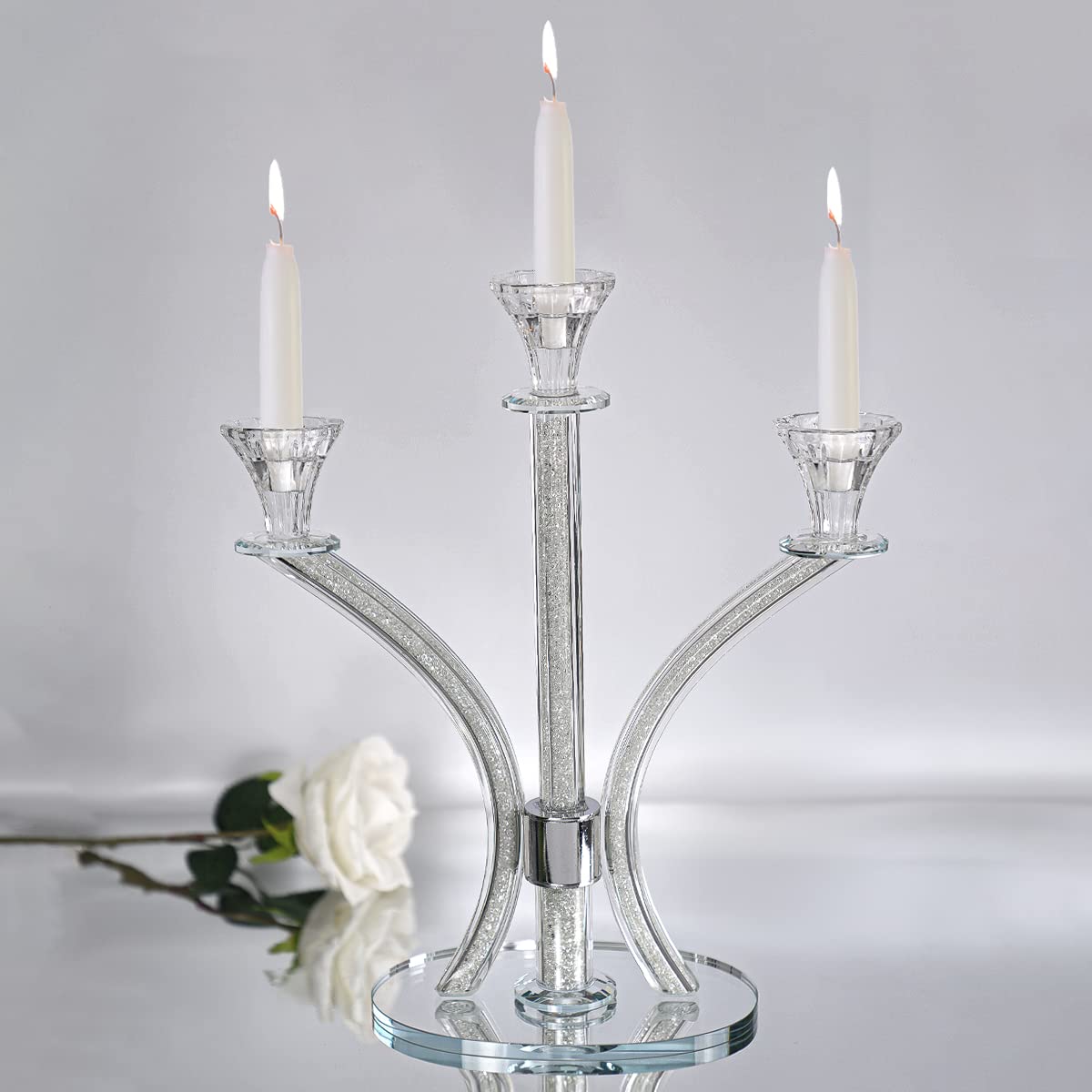 3-Arm Crystal Candelabra - Elegant Taper & Tea Light Candle Holder for Dining Table Centerpiece, Wedding Decor, Romantic Dinner Lighting - Clear Glass