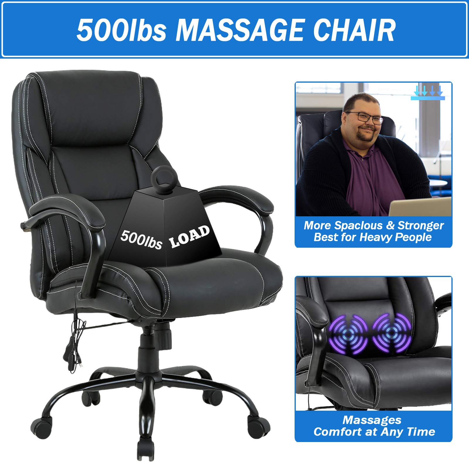 LCH Big & Tall Office Chair 500lbs Capacity - Heavy Duty PU Leather Executive Chair with Massage & Lumbar Support - Wide Seat Ergonomic Desk Chair for Large Adults - Perfect for Home Office & Gaming Setup (Black)
