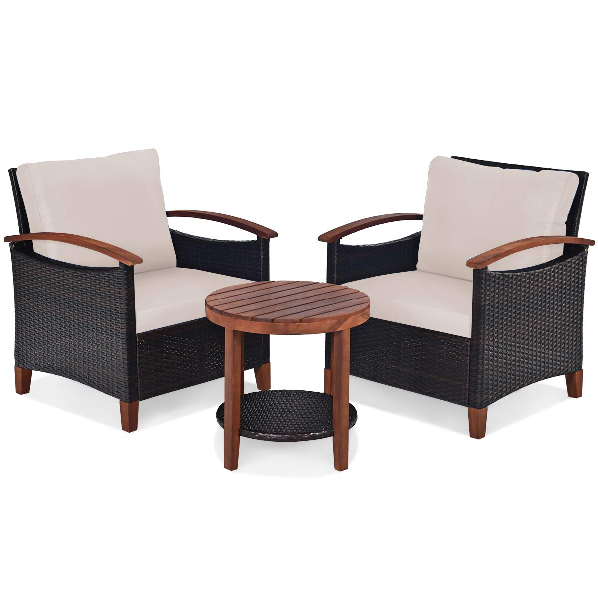 RELAX4LIFE 3-Piece Outdoor Patio Furniture Set - 2 Wicker Chairs with Acacia Wood Table & Removable Cushions, Rattan Sofa Set for Garden, Porch, Balcony (Beige) - Perfect for Relaxing, Entertaining, and Outdoor Dining