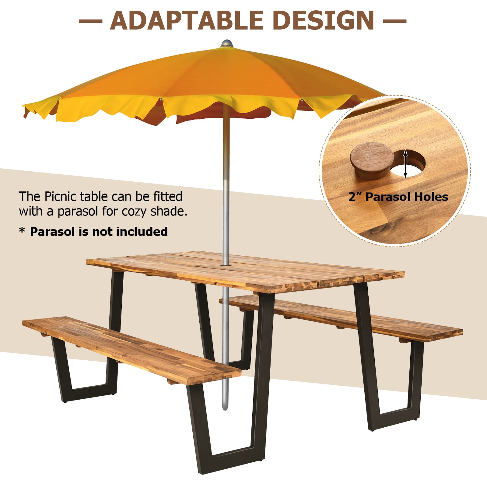 Giantex 6ft Acacia Wood Outdoor Picnic Table Bench Set with 2’’ Umbrella Hole & Metal Frame - Heavy Duty Patented Wooden Dining Table for Backyard, Garden, Patio, Camping (Natural & Black) | Perfect for Family Gatherings, BBQs, and Outdoor Entertaining