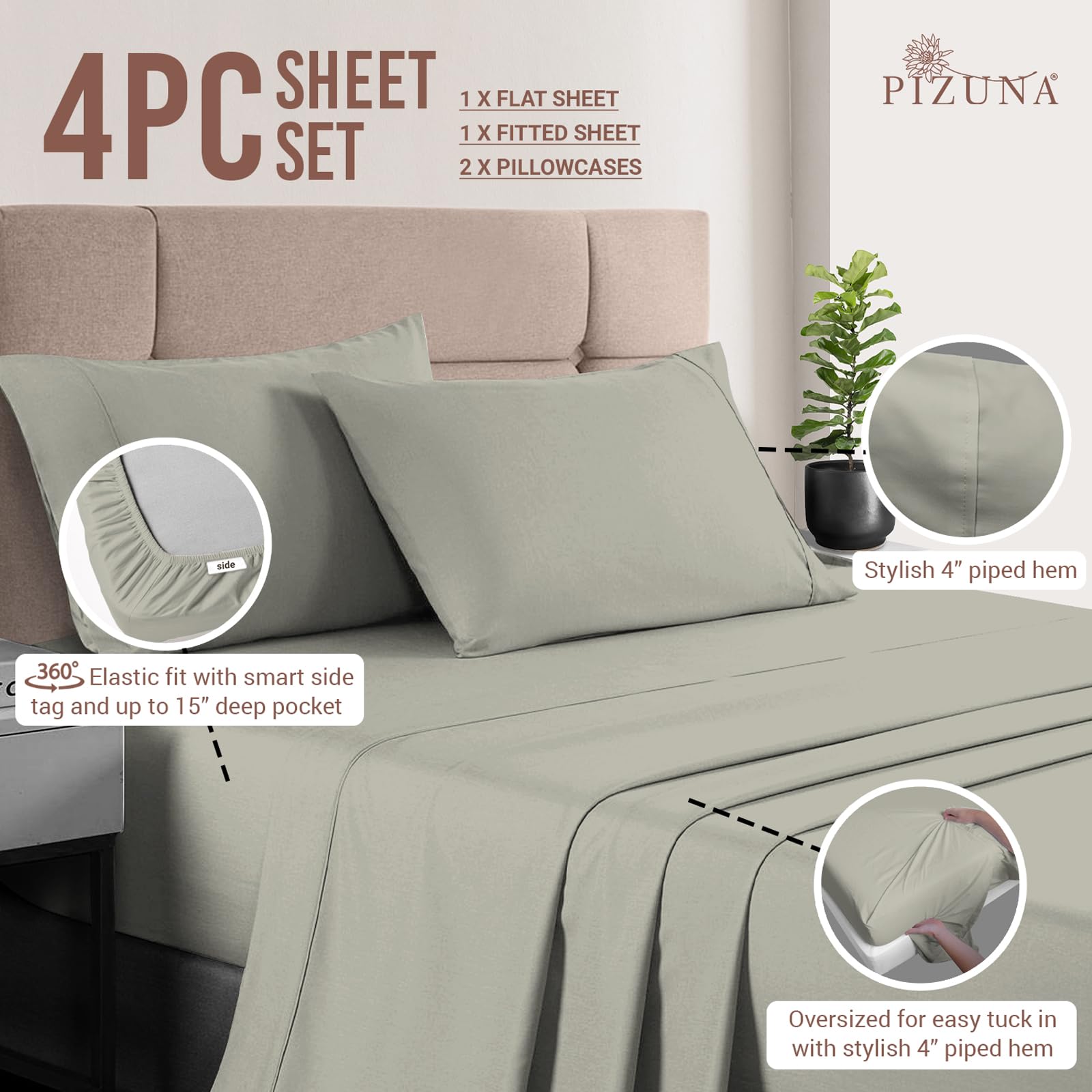 Pizuna Pure 100% Cotton Twin Size Sheets - 400 Thread Count Luxury Long Staple Cotton Sateen Bedding Set with 15