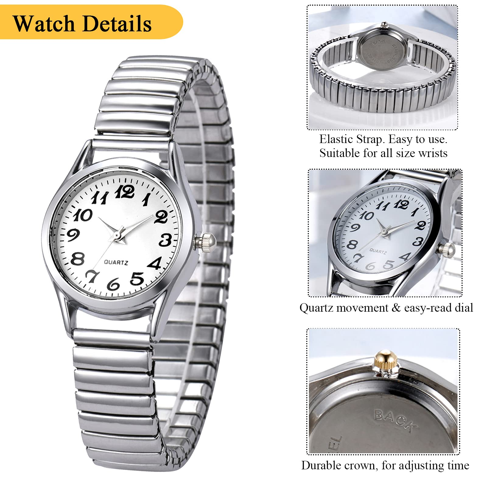 JewelryWe Women's Ultra Thin Easy Reader Watch - Gold & Silver Elastic Stretch Band Watches - Perfect for Work, Casual & Everyday Wear
