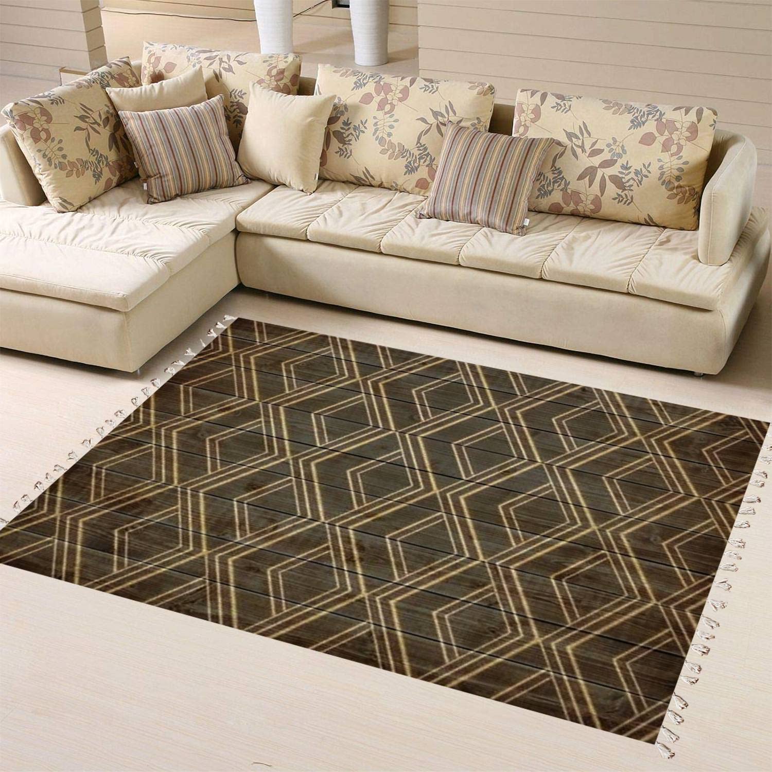 Boho Rug - Ethnic Seamless Chevron Pattern Area Rug with Geometric Designs (Curves, Checks, Squares, Tiles, Rhombuses) - Soft Linen Carpet for Patio, Hallway Runner, Living Room & Bedroom - Minimalist Home Decor for Indoor & Outdoor Use - Perfect for Bohemian Style Spaces, Cozy Floor Covering and Home Styling