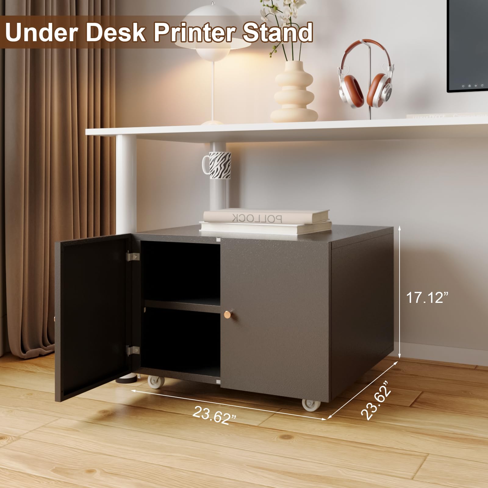 Compact Metal Printer Stand with Storage Doors - Modern Black Under Desk Organizer for Fax Machine, Scanner & Computer - Perfect for Small Home Office Spaces & Workspace Organization