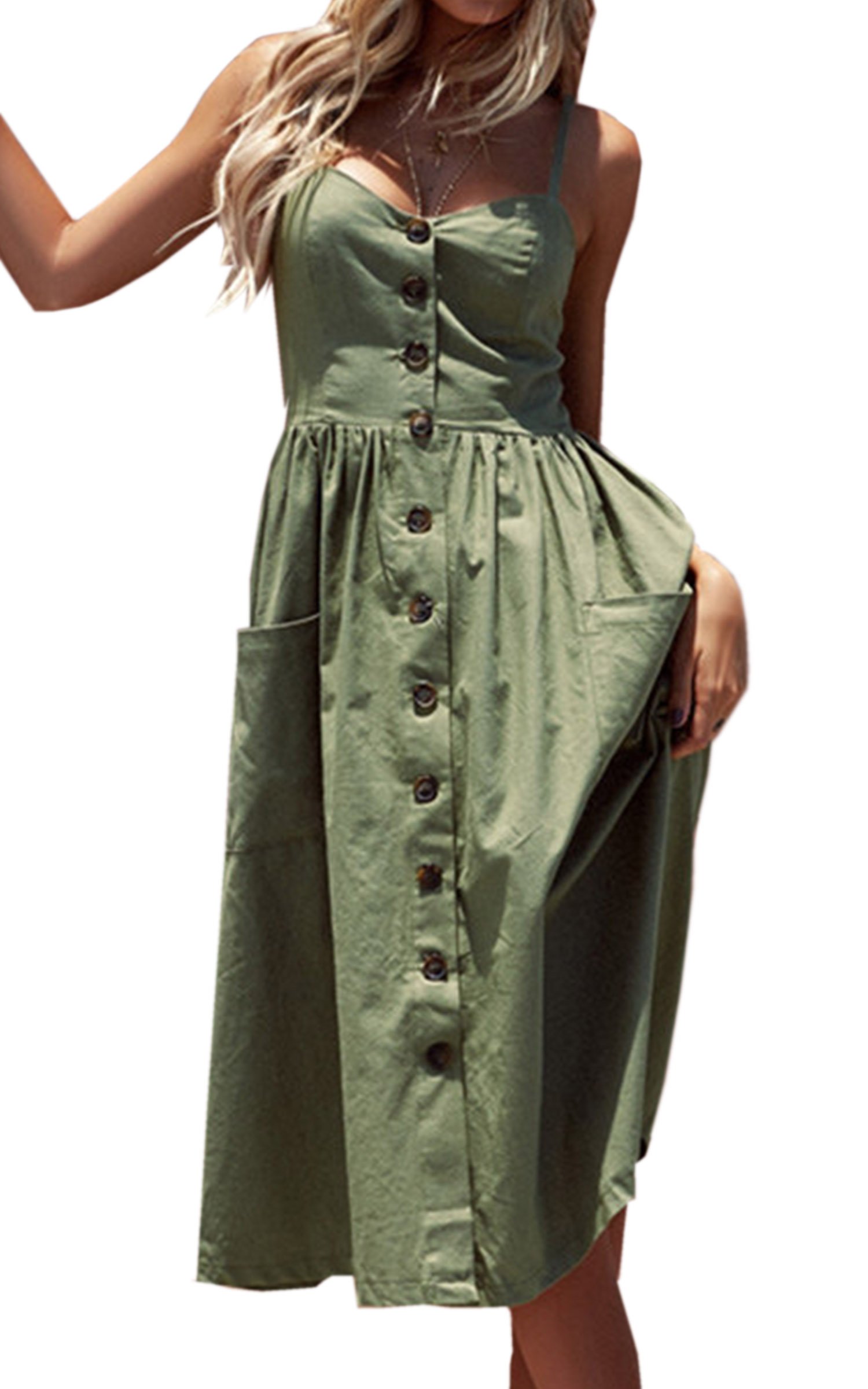 Angashion Women's Summer Floral Bohemian Spaghetti Strap Button Down Swing Midi Dress - Casual Beach Dress for Vacation, Date Night & Outdoor Parties
