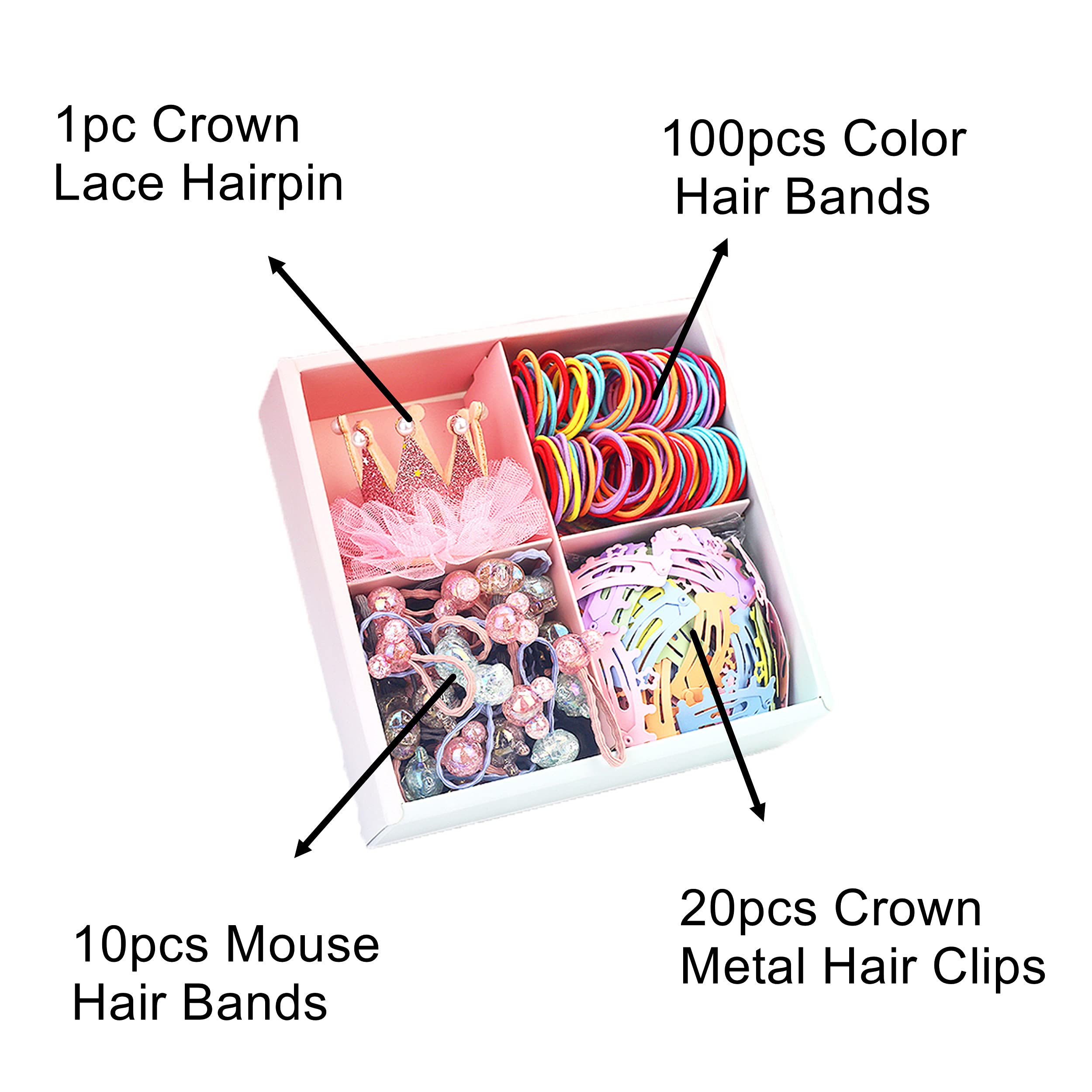 131PCS Colorful Elastic Hair Bands Set with Crown Lace Hair Clips, Mini Claw Clips & Barrettes - Hair Ties & Holders Kit in Storage Box for Girls, Teens & Kids - Perfect for School, Parties & Daily Hairstyling