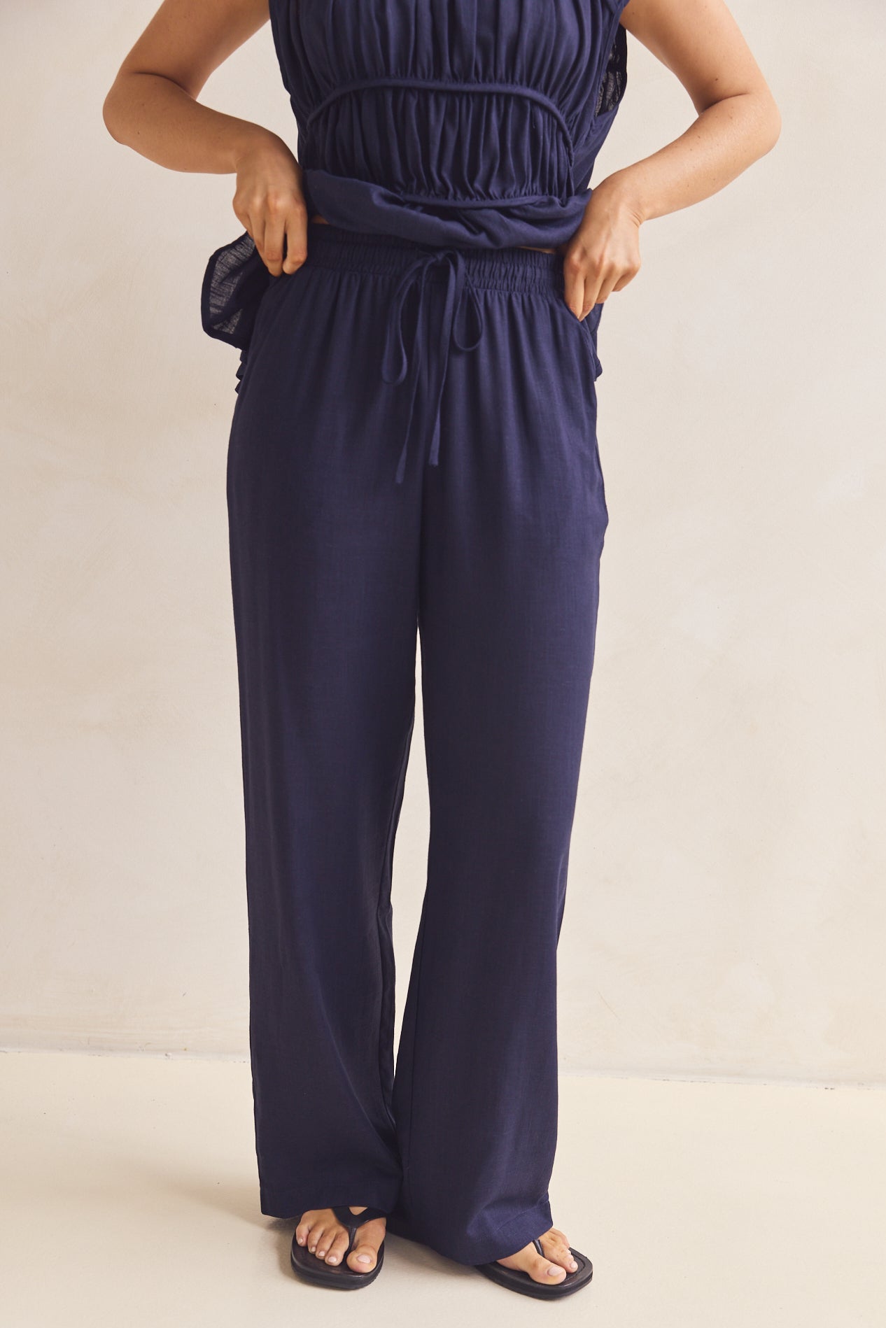 Katia Women's Navy Blue Stretch Pants - Comfortable High Waist Trousers for Work, Travel & Casual Wear