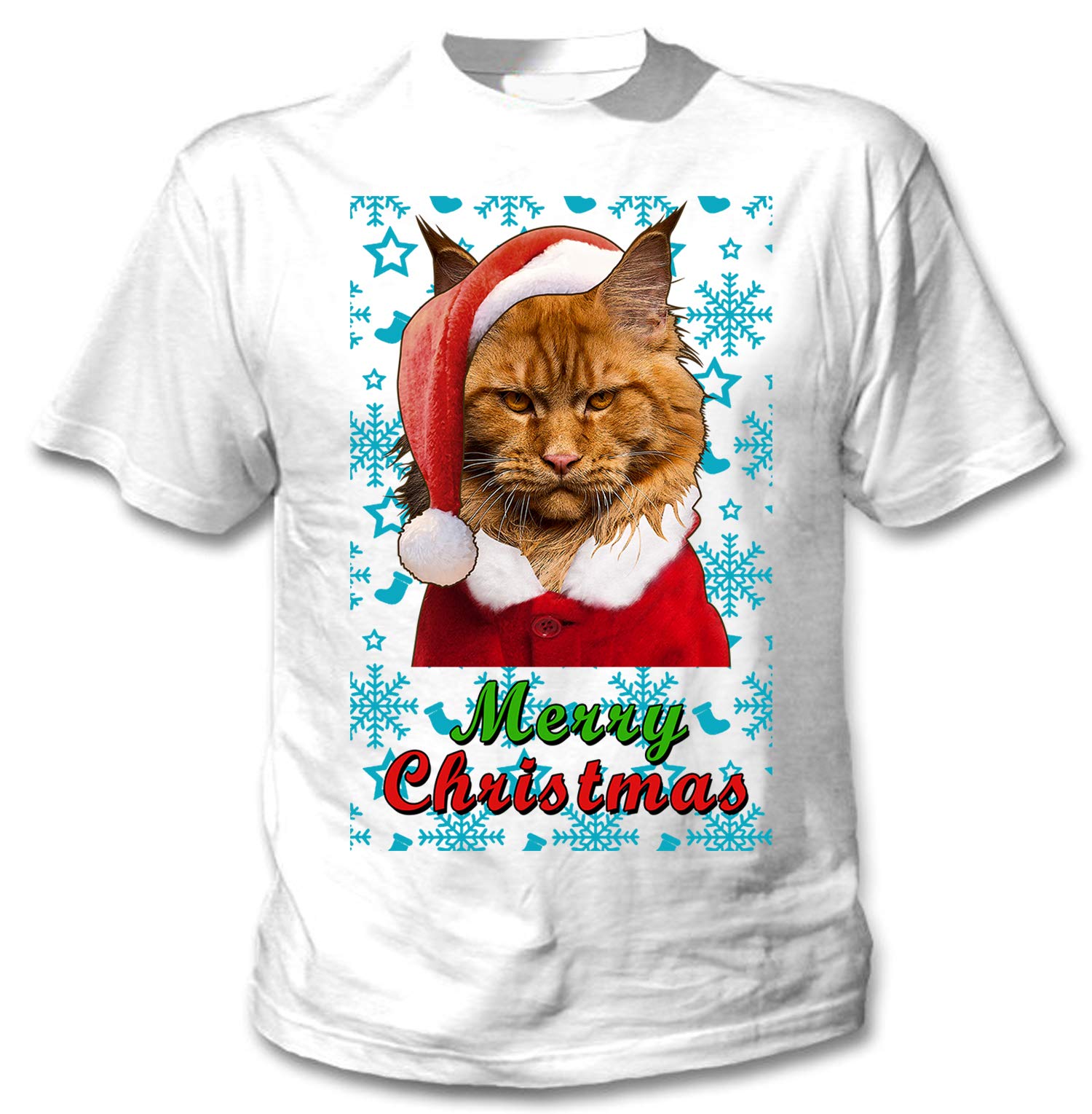 Men's Maine Coon Cat Santa Snow White T-Shirt - XL Size | Funny Christmas Graphic Tee for Cat Lovers | Perfect for Holiday Parties & Gifts