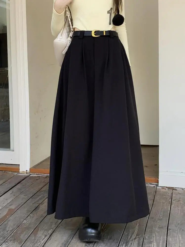 2023 Fashion Women's High Waist Pleated A-Line Skirt with Belt - Autumn Black & Grey Korean Style Chic Long Skirt for Office, Dating & Casual Wear