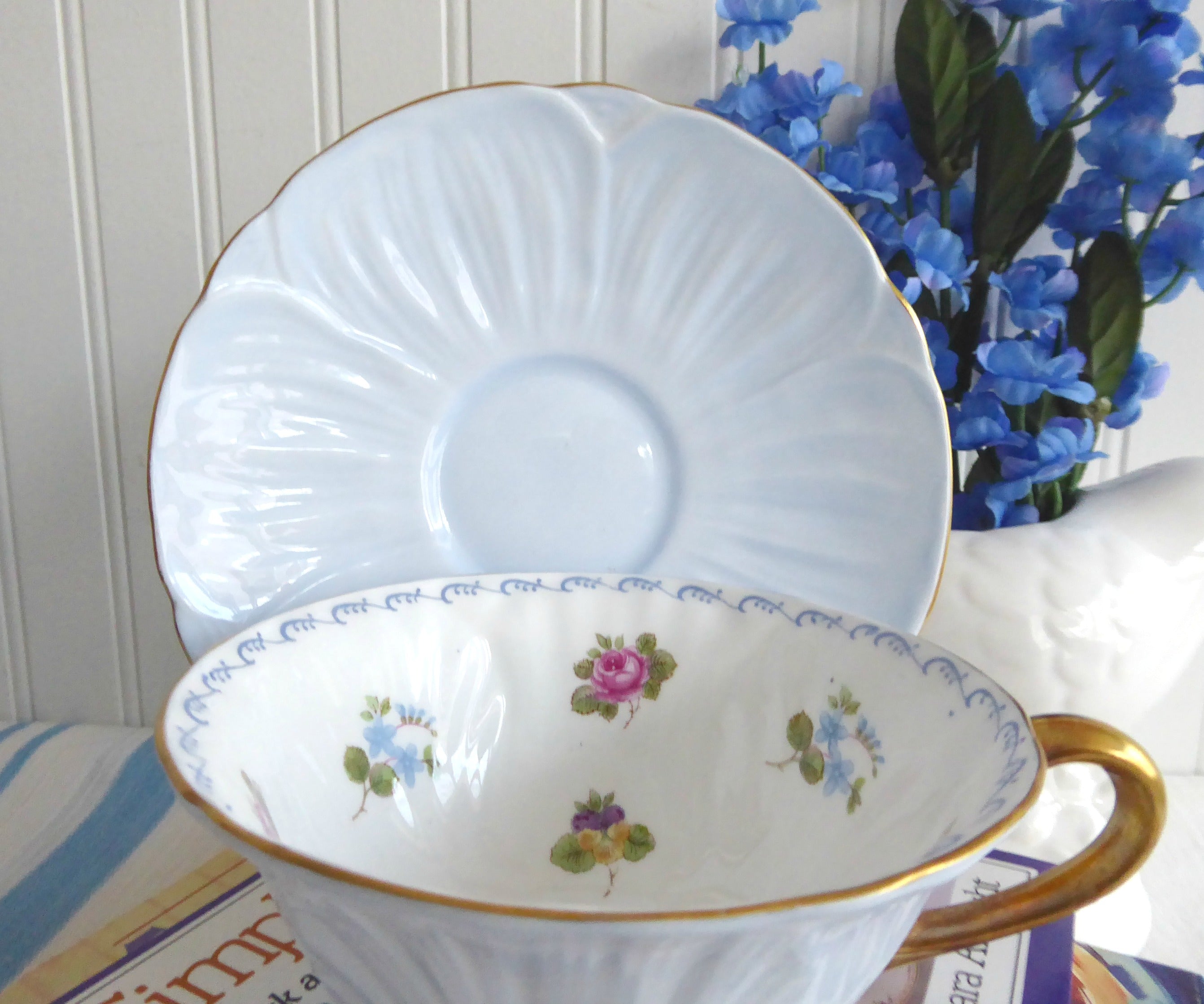 Shelley Antique Bone China Tea Cup and Saucer Set - Oleander Blue Rose Pansy Floral Design with Gold Trim - Perfect for Afternoon Tea, Vintage Tea Parties & Collectible Display