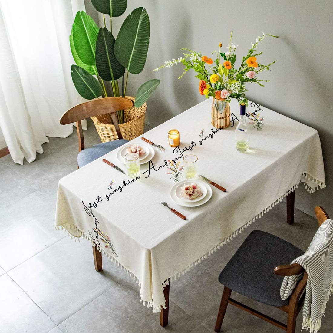 Floral and Letters Embroidered Tablecloth with Fringe - 55