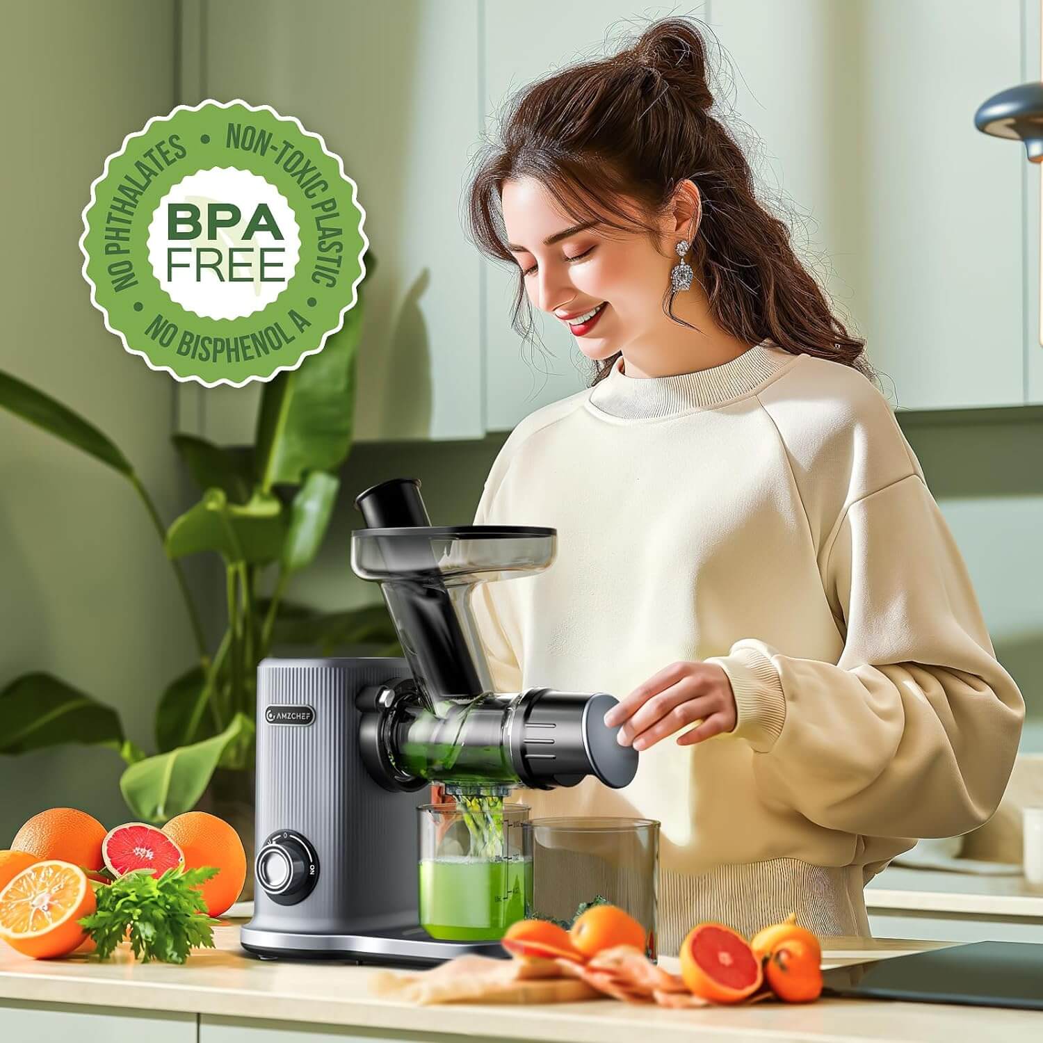 AMZCHEF 50mm Wide Mouth Slow Juicer - Compact Cold Press Juicer for Fruits & Vegetables - Perfect for Healthy Juicing at Home, Office or Gym