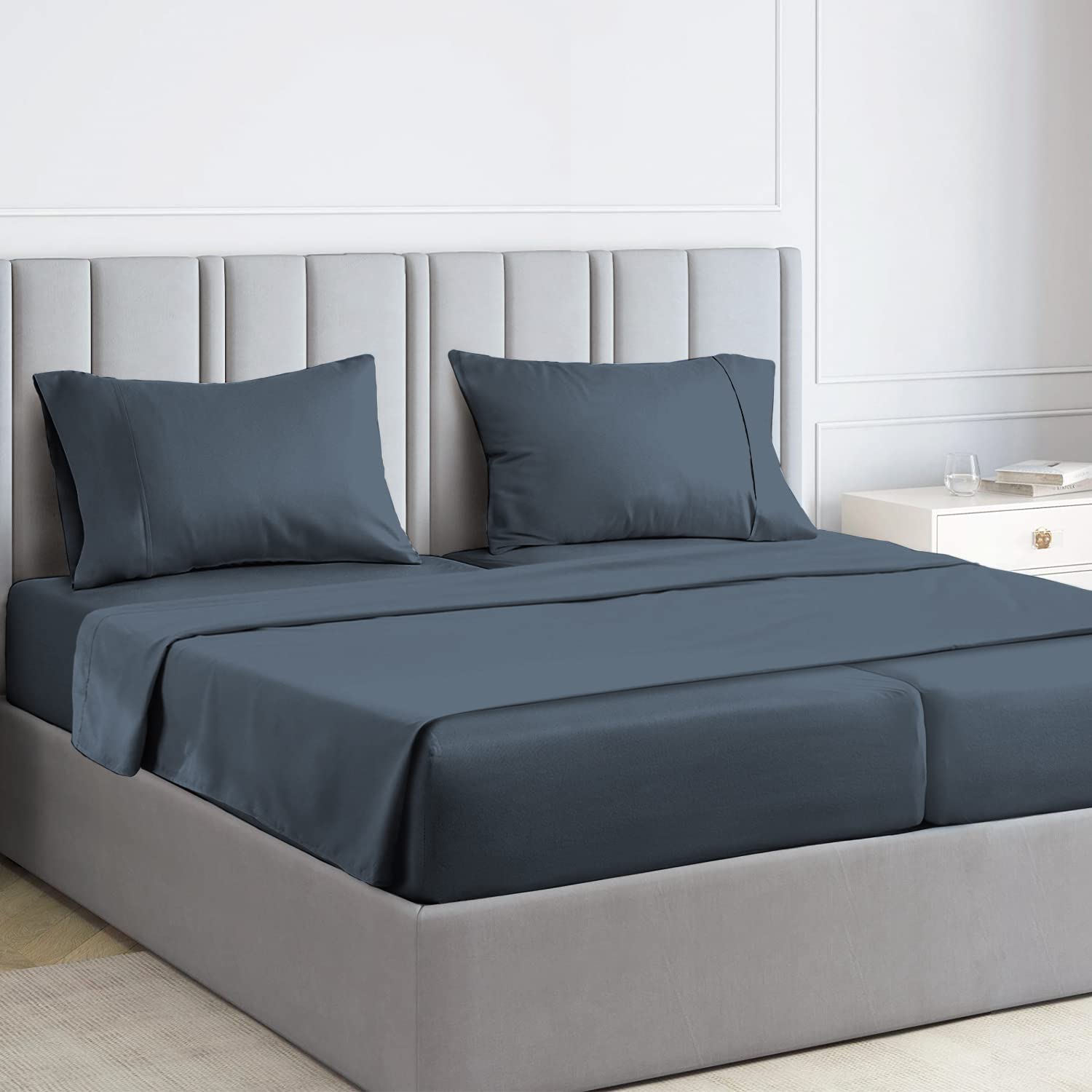 Pizuna 100% Luxury Cotton Split King Bed Sheets Set - 5PC, Dark Blue, 1000 Thread Count, Long Staple Combed Cotton, Thick Sateen Weave, Fits Adjustable Beds with 15