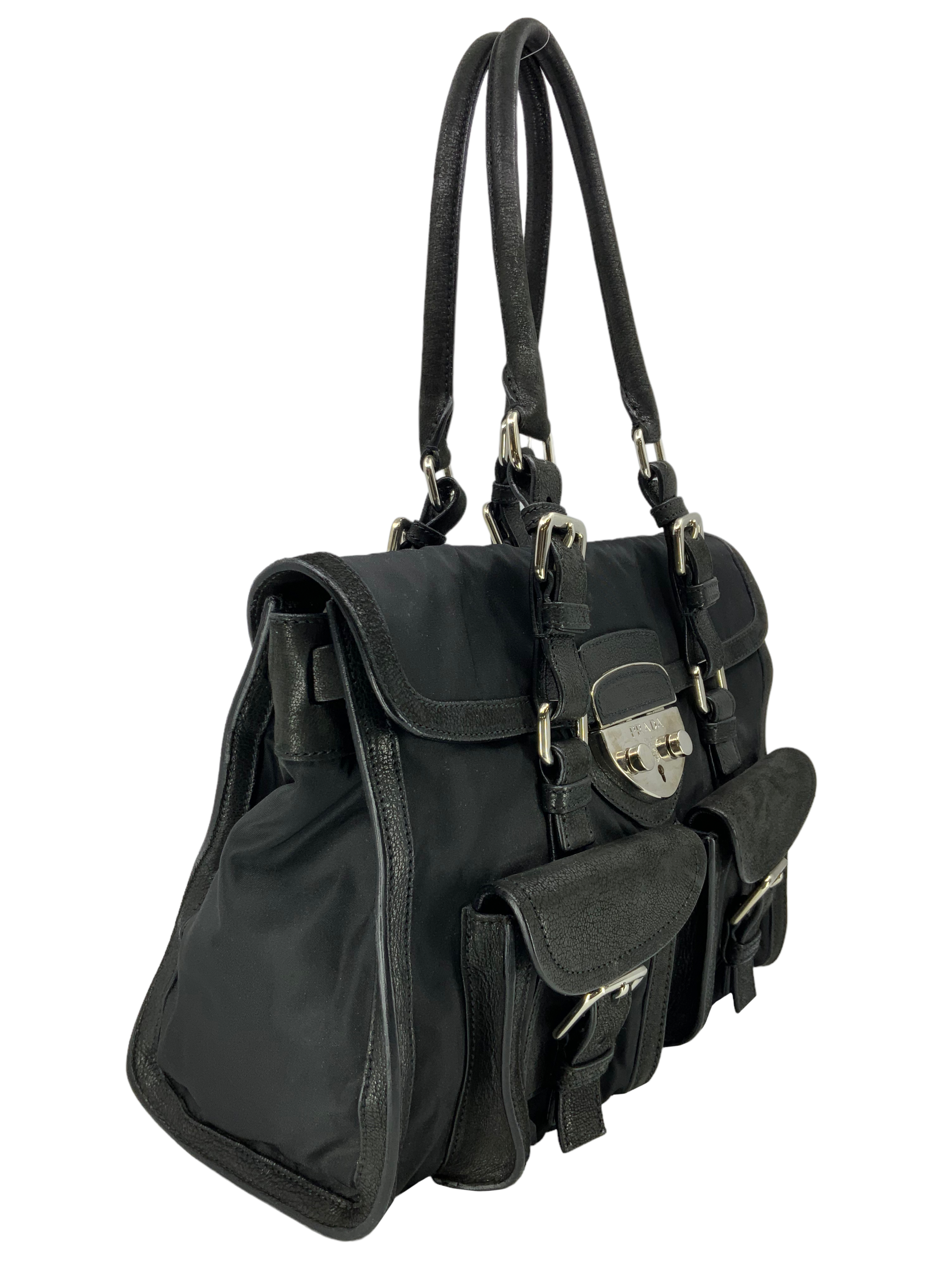 Prada Nylon and Leather Crossbody Bag with Front Pocket - Luxury Designer Handbag for Women | Perfect for Work, Travel & Everyday Use