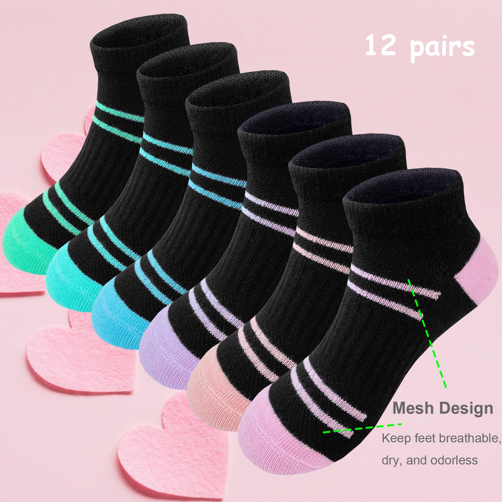 Bemeol 12 Pairs Girls Athletic Socks - Low Cut Ankle Cotton Sports Socks for Kids - Perfect for Running, School & Daily Activities
