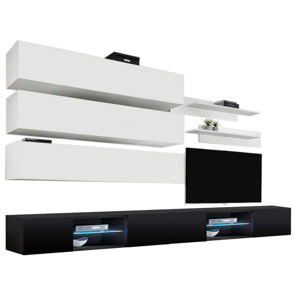 Modern Floating TV Stand with Storage & LED Lights - Wall-Mounted Entertainment Center for Bedroom & Living Room - White/Black - Perfect for Small Spaces & Home Theater Setup