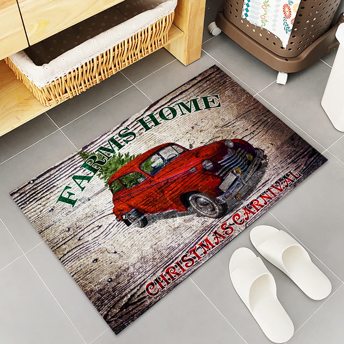 Farmhouse Christmas Kitchen Runner Rug - Non-Slip Red Truck & Tree Design Rustic Wooden Board Floor Mat for Laundry, Bedside, Bathroom, Bedroom - Set of 2 - Perfect for Holiday Decor & Cozy Home Accents