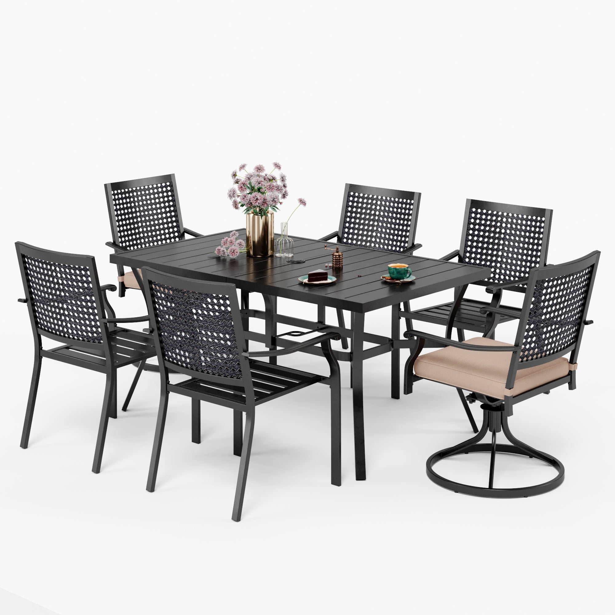 MFSTUDIO 7-Piece Outdoor Dining Set - Durable Steel Panel Table & Bull's Eye Pattern Chairs for Patio, Garden, Backyard, and Poolside Relaxation