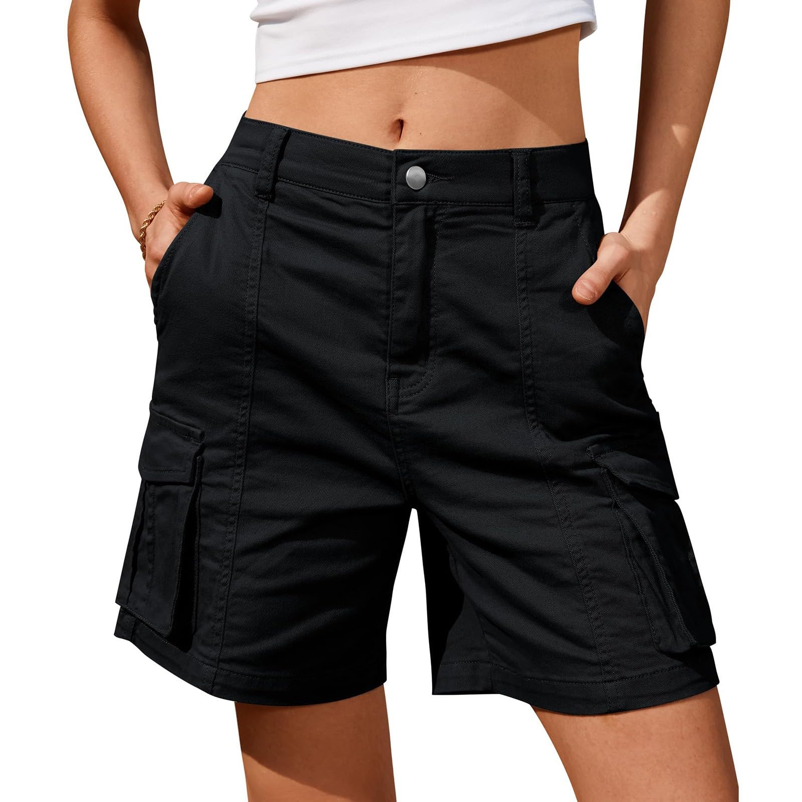 Women's Casual Summer Bermuda Cargo Jean Shorts - Knee Length with 6 Pockets & Elastic Waist (S-XXL) | Perfect for Beach, Travel, and Everyday Wear