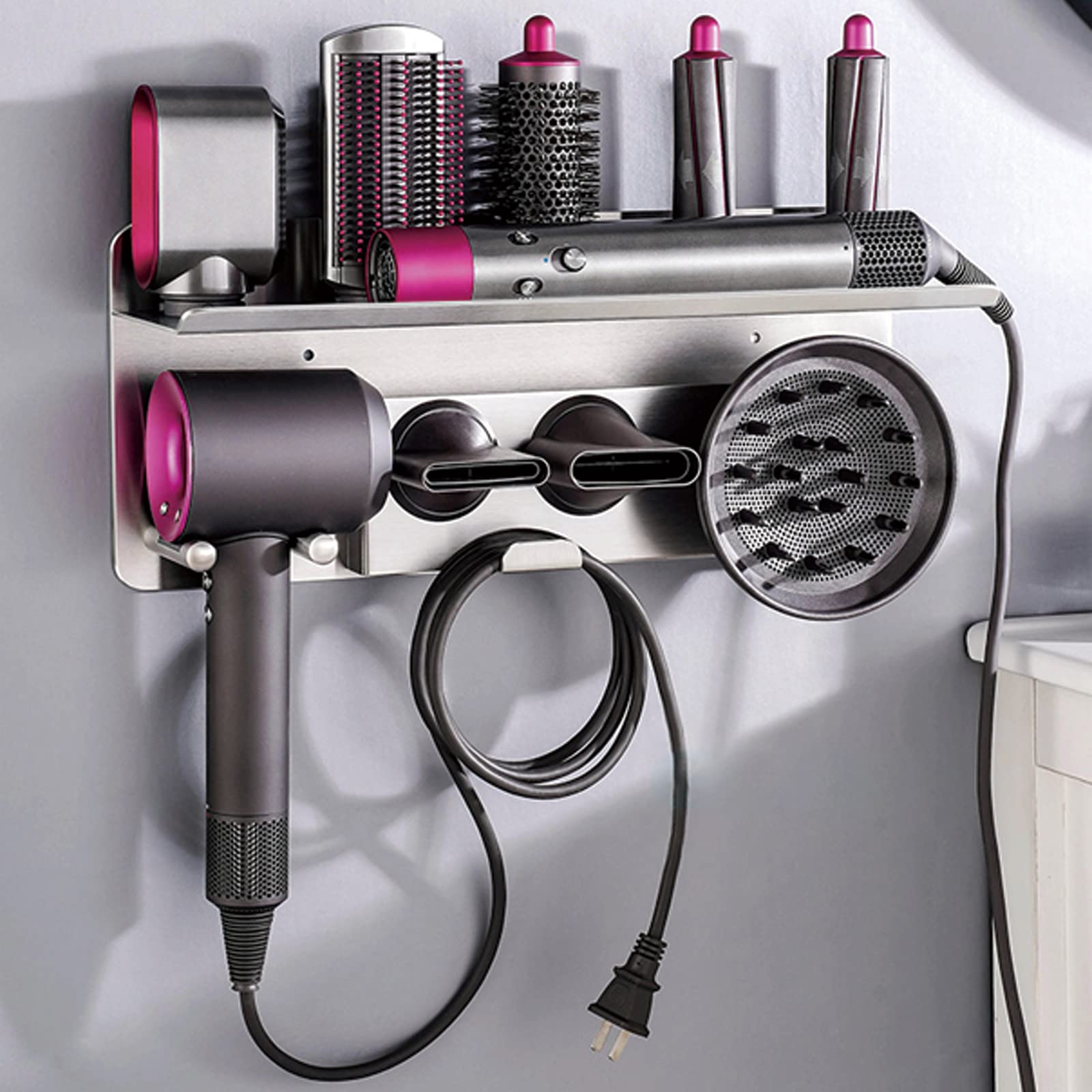 Dyson Airwrap & Supersonic Hair Dryer Wall Mount Holder - 2 in 1 Stainless Steel Storage Shelf for Curling Iron, Wand Barrels, Brushes & Diffuser Nozzles - Perfect for Bathroom & Salon Organization
