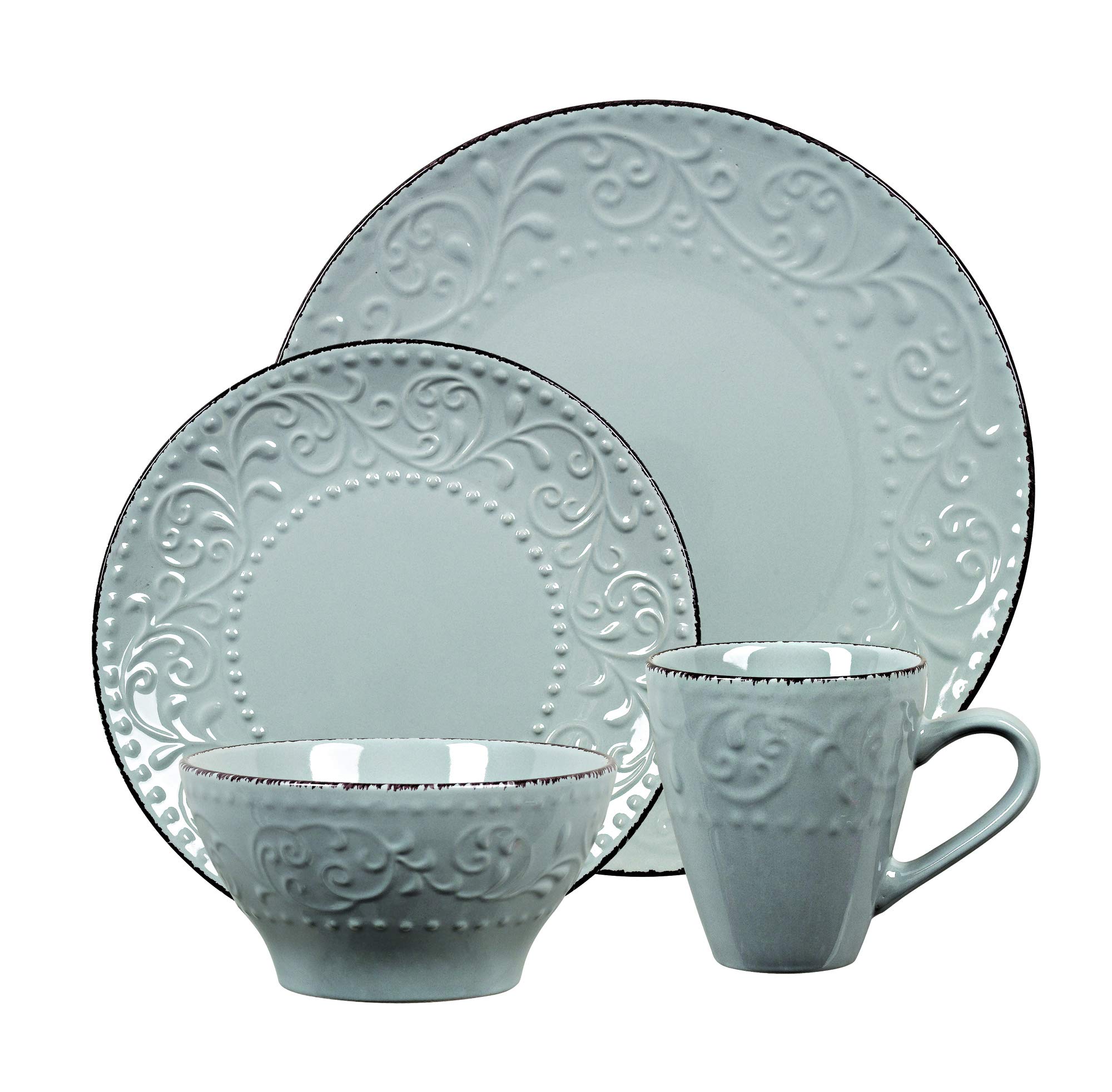 Elegant Modern Stoneware Scroll Dinnerware Set - 16-Piece Gray Tableware for Dinner Parties, Weddings & Entertaining | Durable Dish Set for Formal Dining & Special Occasions