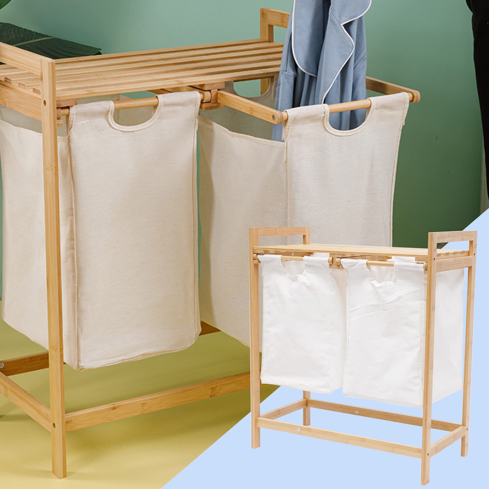 **Bamboo Laundry Hamper with Dual Compartments & Removable Bags – Foldable Laundry Basket Organizer with Handle & Shelf – Wooden Storage Cabinet for Bedroom, Bathroom, or Closet – US Stock**    *(Use for organizing dirty clothes, towels, or linens in homes, dorms, or apartments – space-saving and stylish storage solution!)*