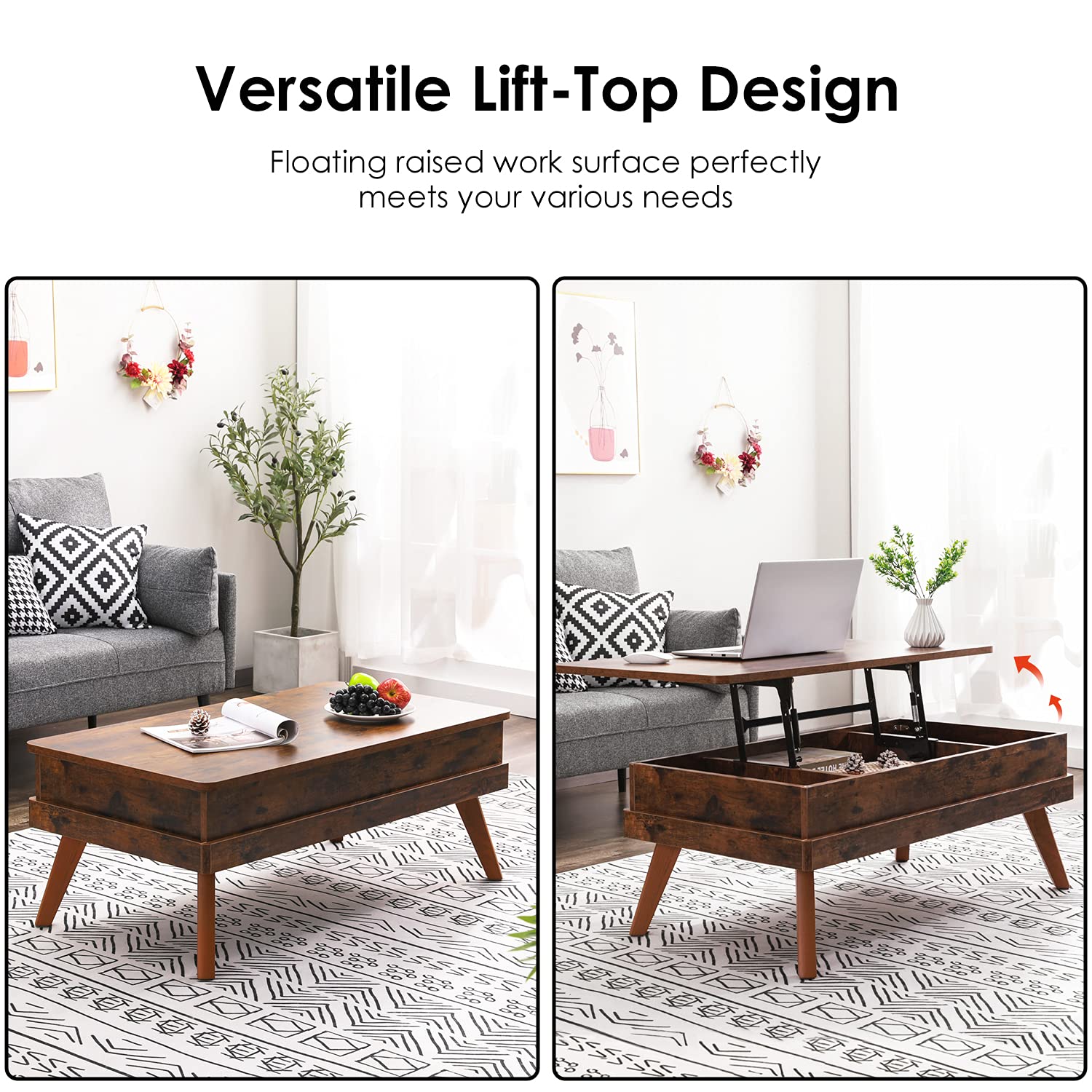 Lift Top Coffee Table with Hidden Storage - Easy to Assemble Industrial Style Center Table for Living Room, Home Office & Reception - Rustic Brown Finish | Perfect for Small Spaces, Entertaining & Multi-Functional Use