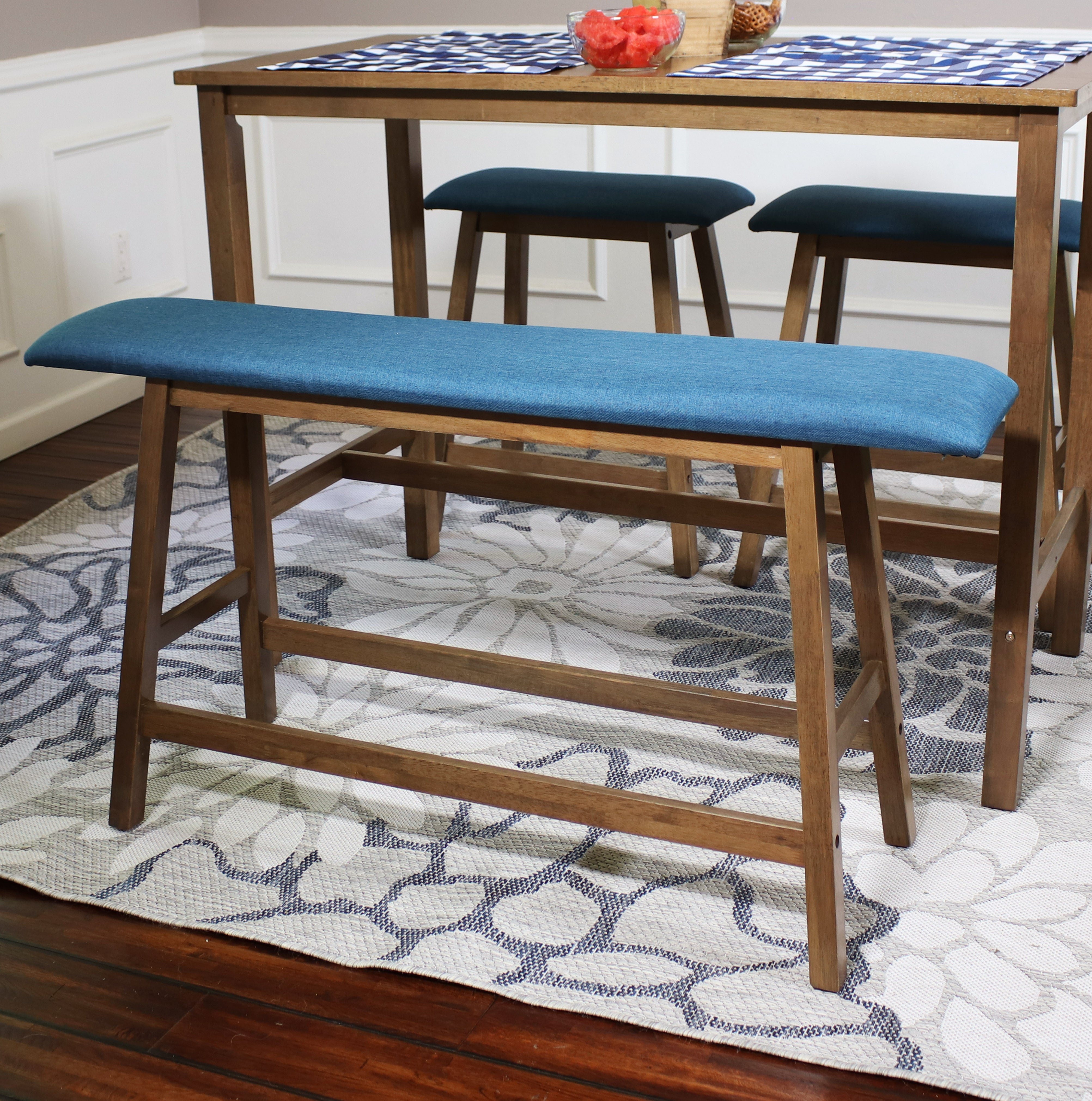 Sunnydaze Weathered Oak Wooden Counter Height Dining Bench with Blue Cushion - Perfect for Kitchen Islands, Breakfast Nooks & Outdoor Patio Dining