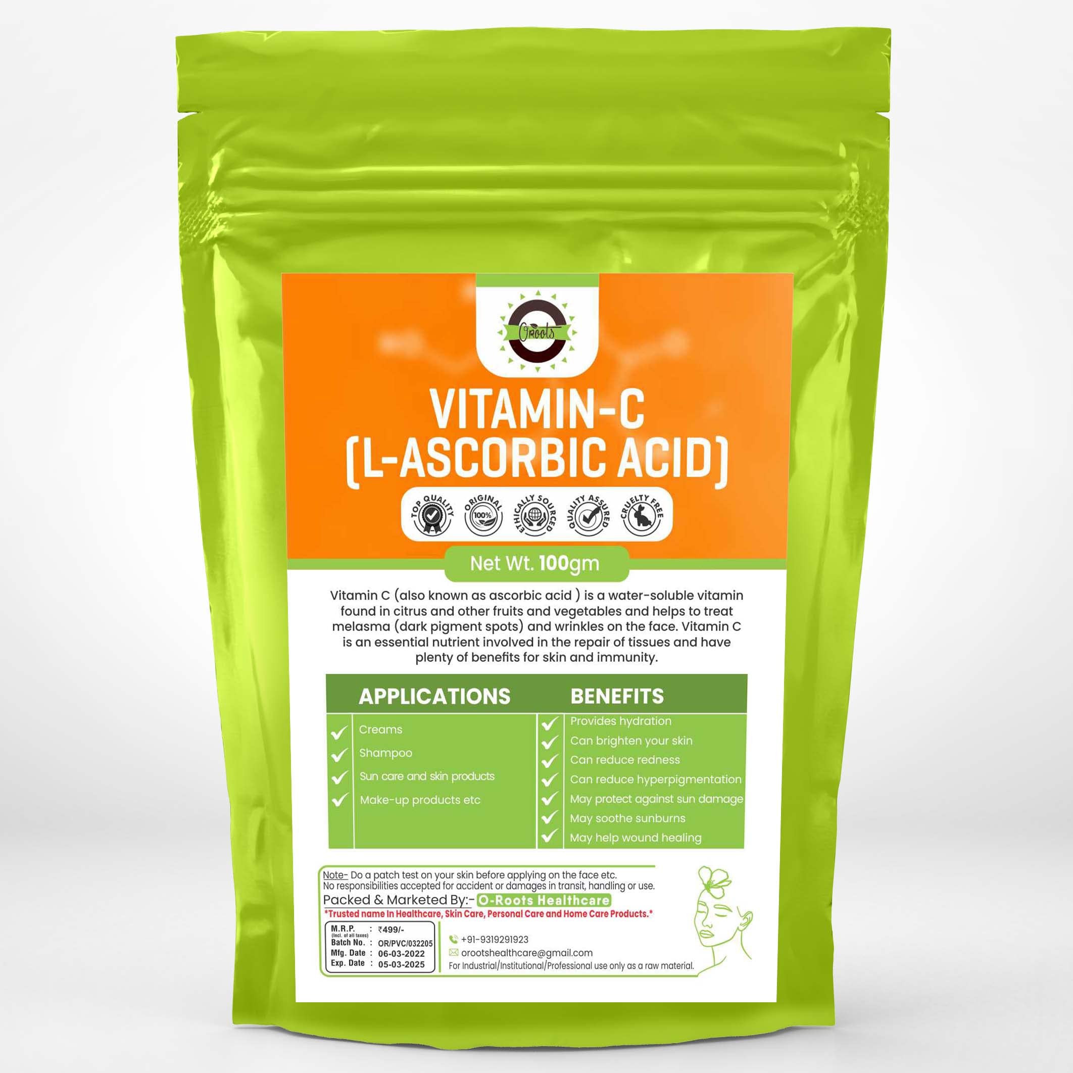 OROOTS Vitamin C (L-Ascorbic Acid) Powder 400g - Pure Ascorbic Acid for DIY Skincare, Hair Care, Sun Protection & Cosmetic Products - Perfect for Face Serums, Body Lotions & Homemade Beauty Products