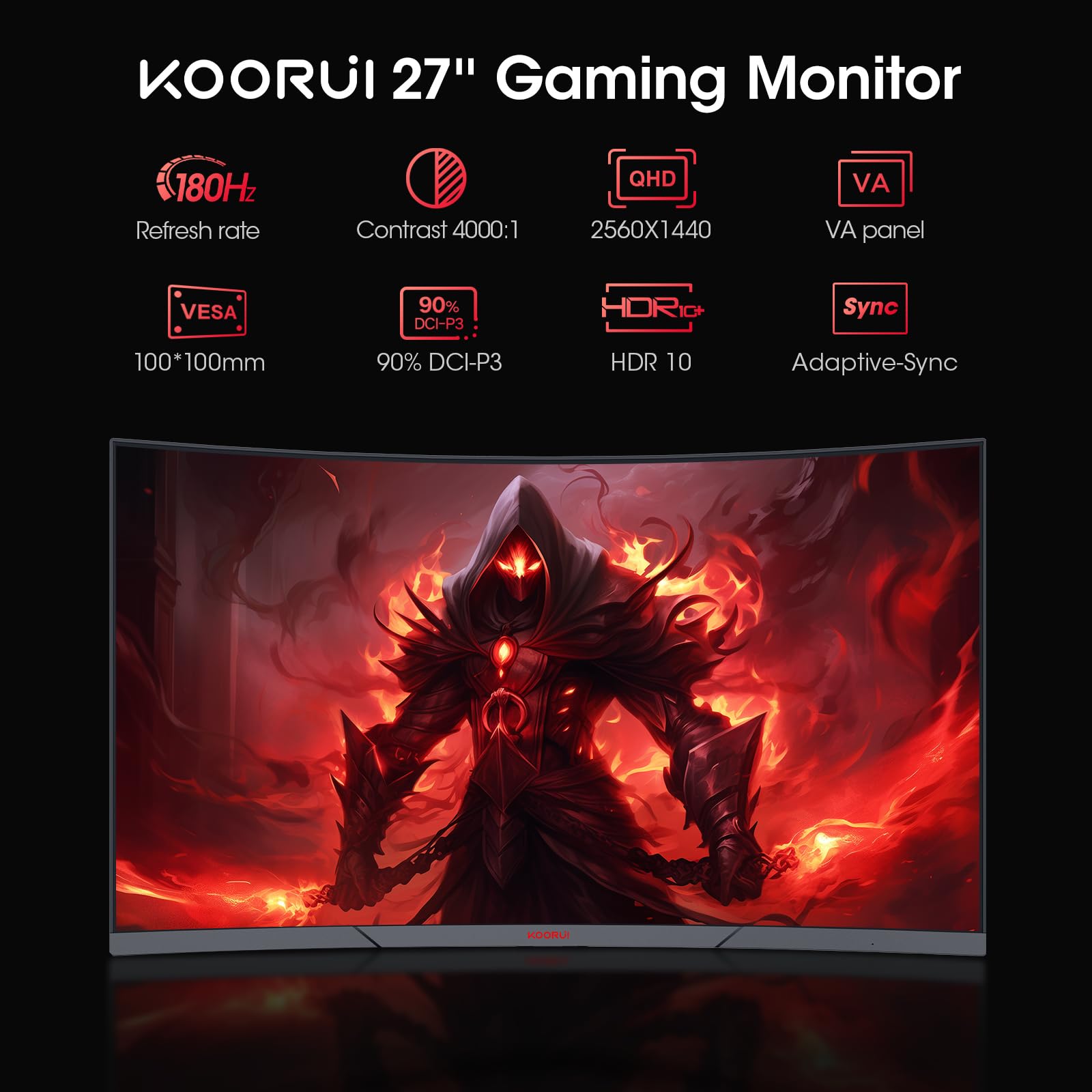 KOORUI 27 Inch Curved Gaming Monitor - QHD 2560x1440, 180Hz Refresh Rate, 1ms Response Time, AMD FreeSync, HDR10, VESA Mount, DisplayPort & HDMI Ports - Perfect for Esports, PC Gaming, and Home Office Setup