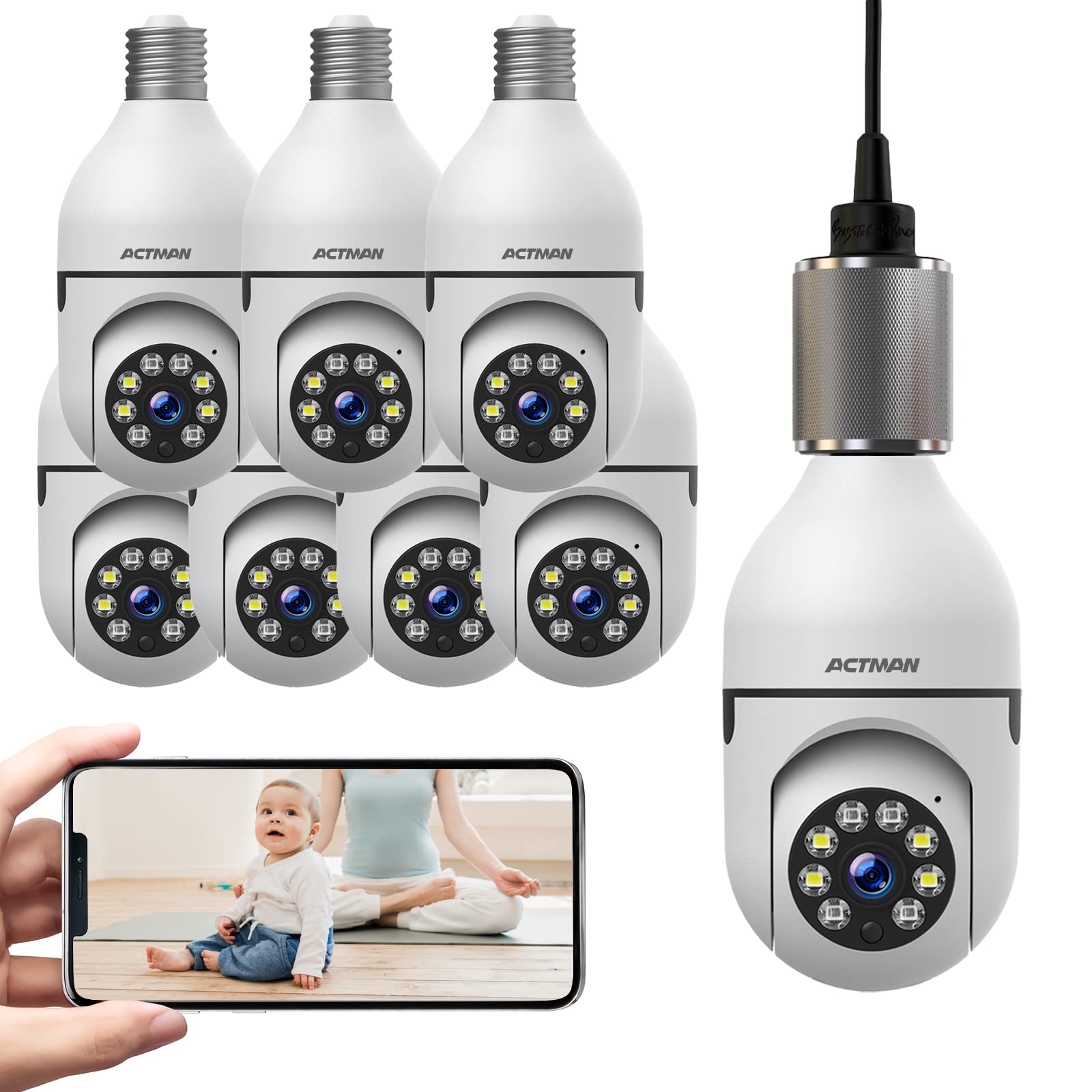 WiFi Light Bulb Camera Outdoor - 8 Pack Pan Tilt 1080P HD Wireless IP Security Camera with Two-Way Audio & Motion Detection for Indoor/Outdoor Use - Perfect for Home Security, Baby Monitoring & Pet Watching