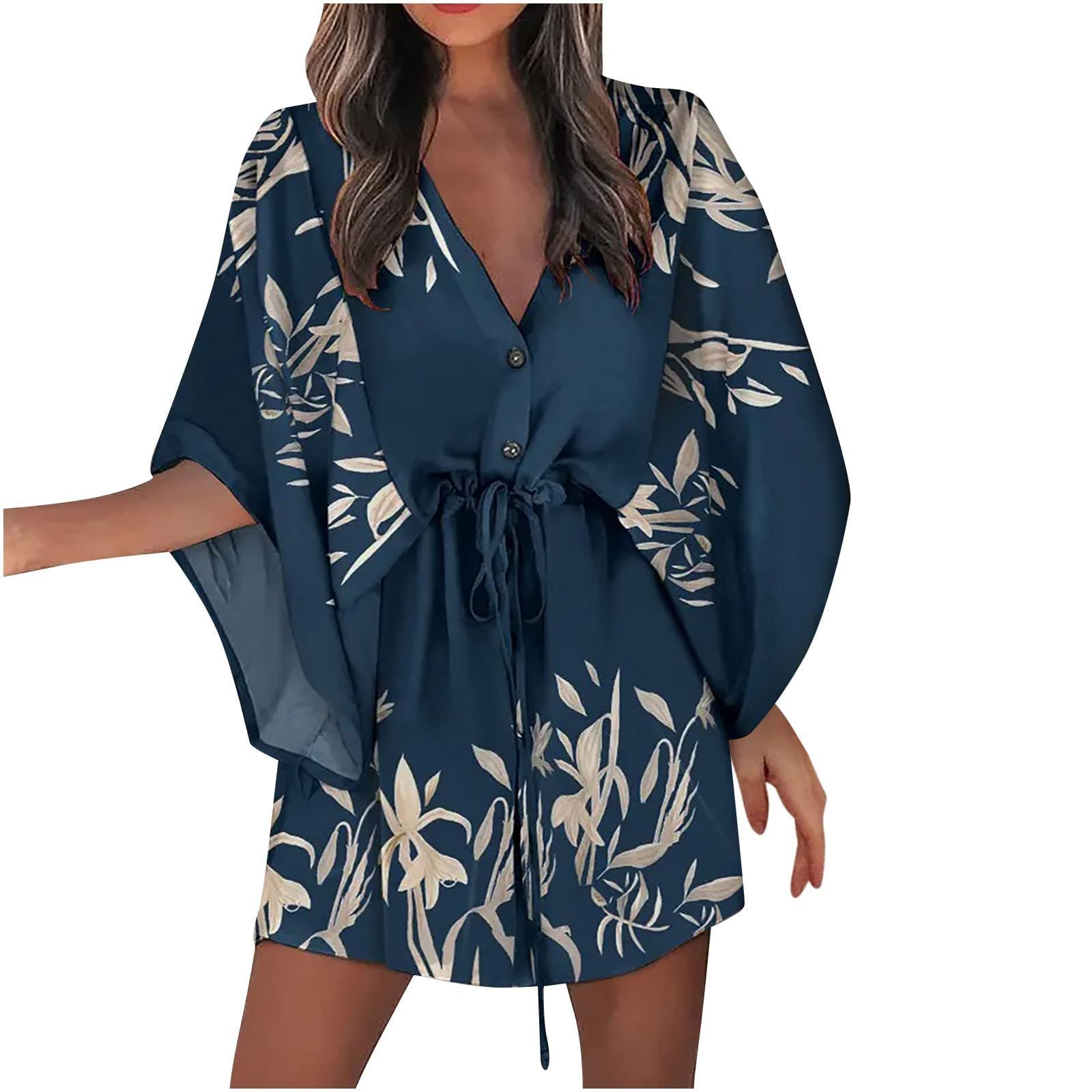 **Women's Summer 2023 Boho Print V-Neck 3/4 Sleeve Holiday Dress - Drawstring Waist for Beach, Sun, Vacation & Casual Outings**