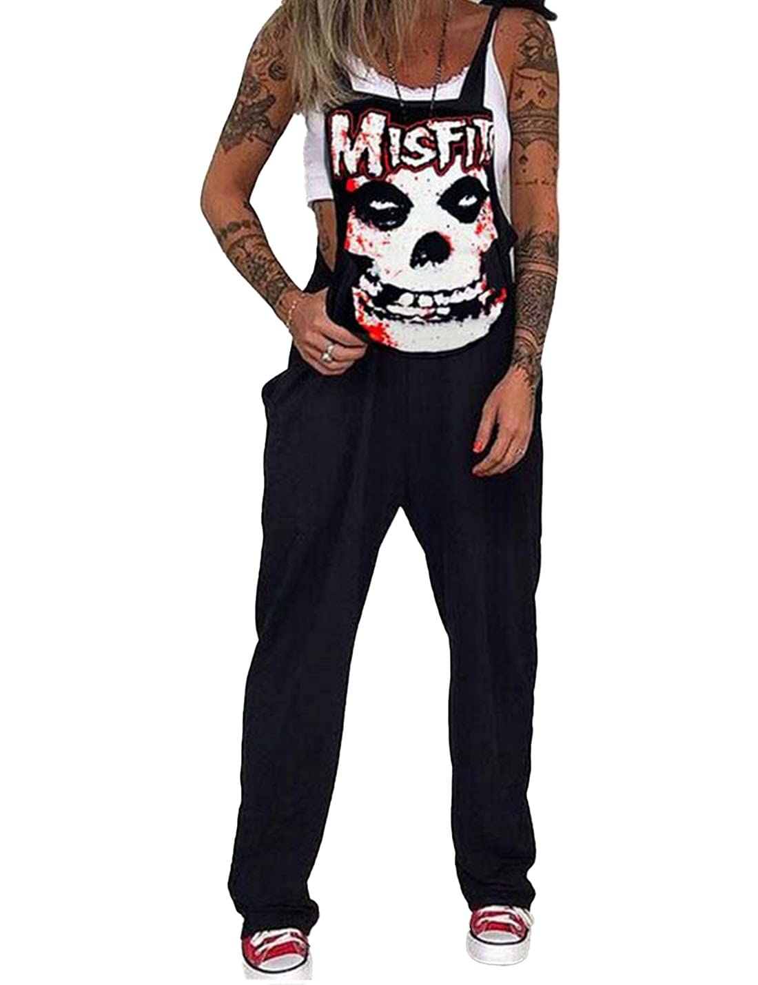 PAODIKUAI Women's Casual Skull Print Overalls - Loose Fit Romper Jumpsuit with Pockets | Trendy Streetwear, Summer Outfits, Music Festival Fashion