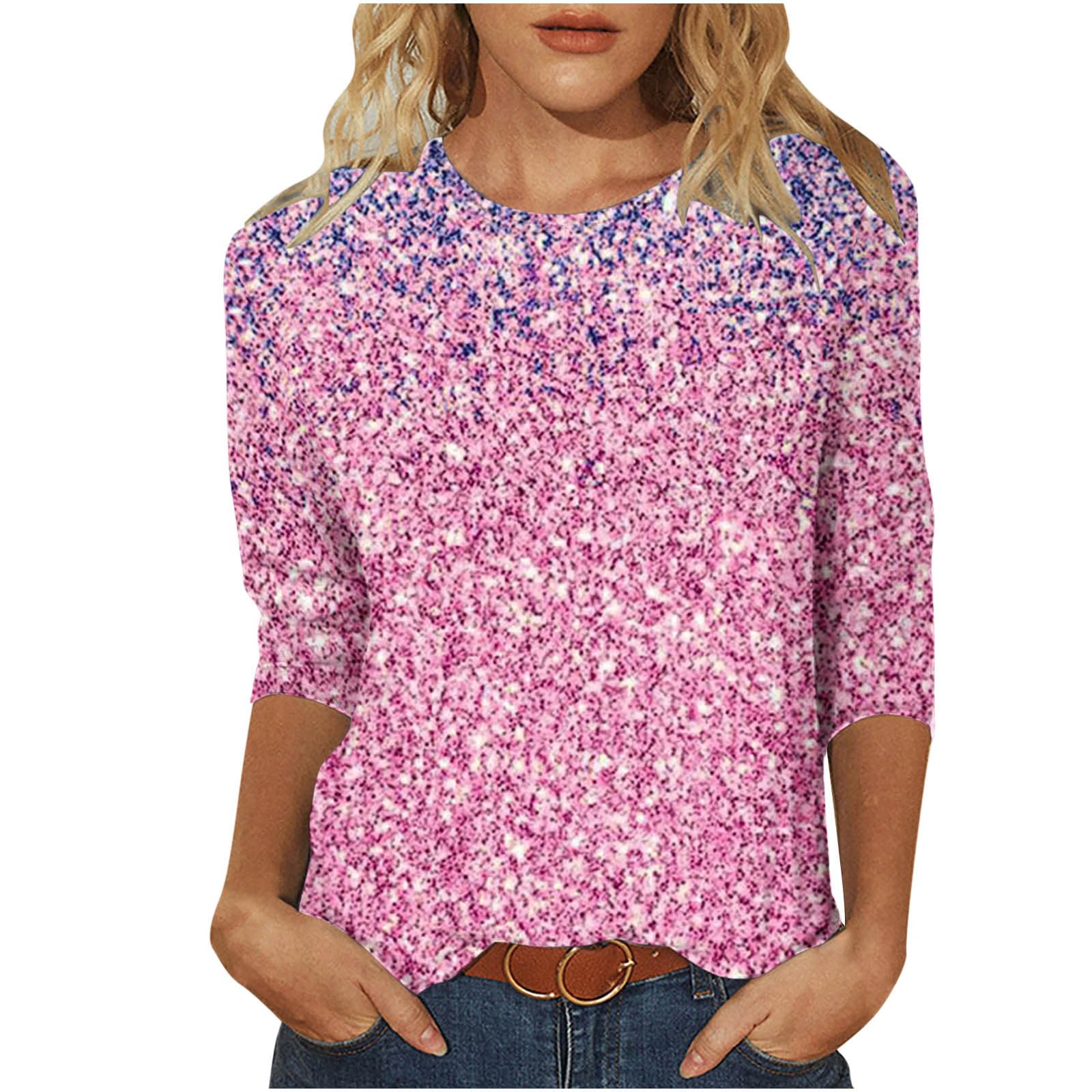 Oelaio Women's Plus Size 3/4 Sleeve Sparkly T-Shirt | Glitter Pullover Top for Summer | Casual Wear, Party Outfit & Everyday Fashion