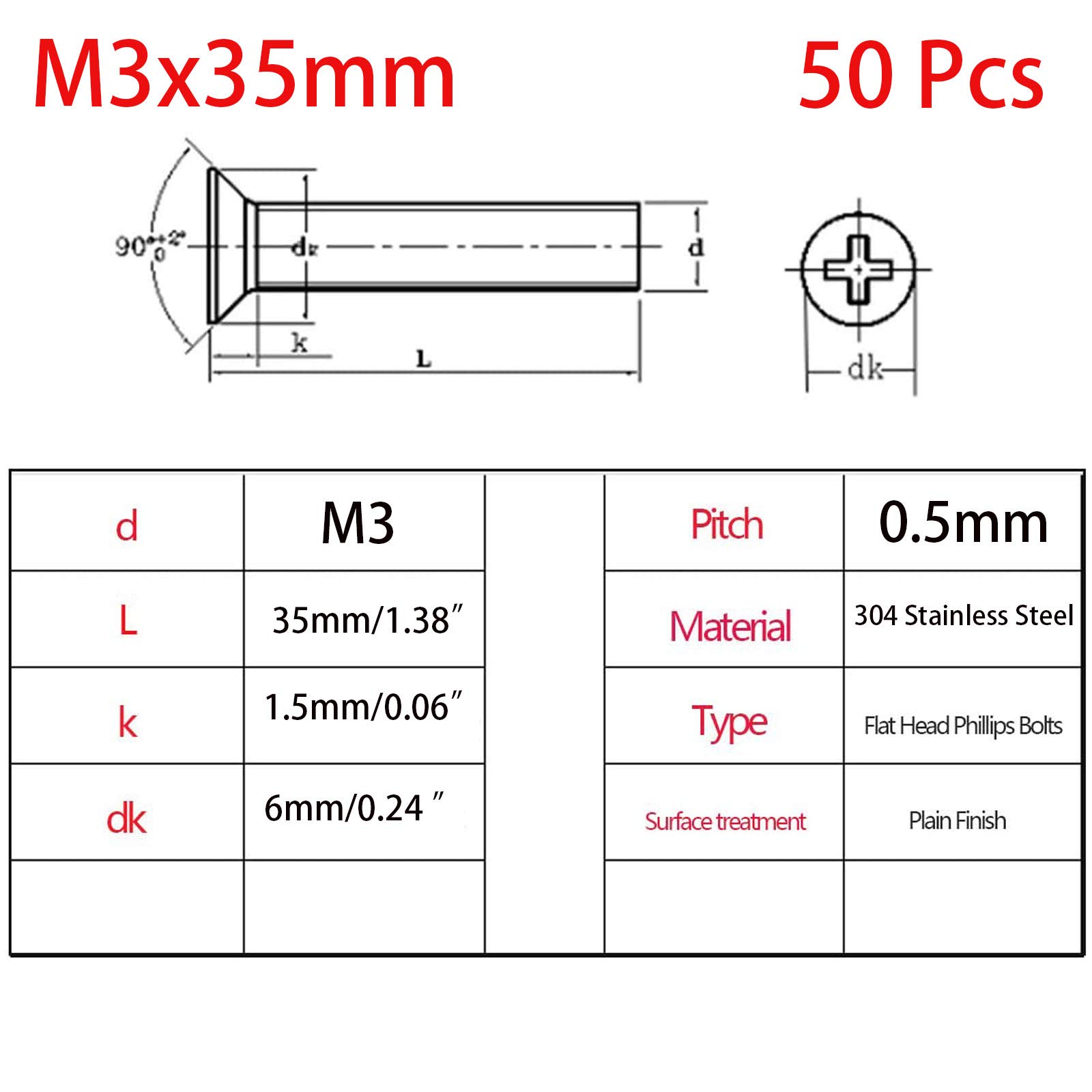 M3-0.5x35mm Phillips Flat Head Screws - 304 Stainless Steel Fasteners for DIY & Furniture Assembly