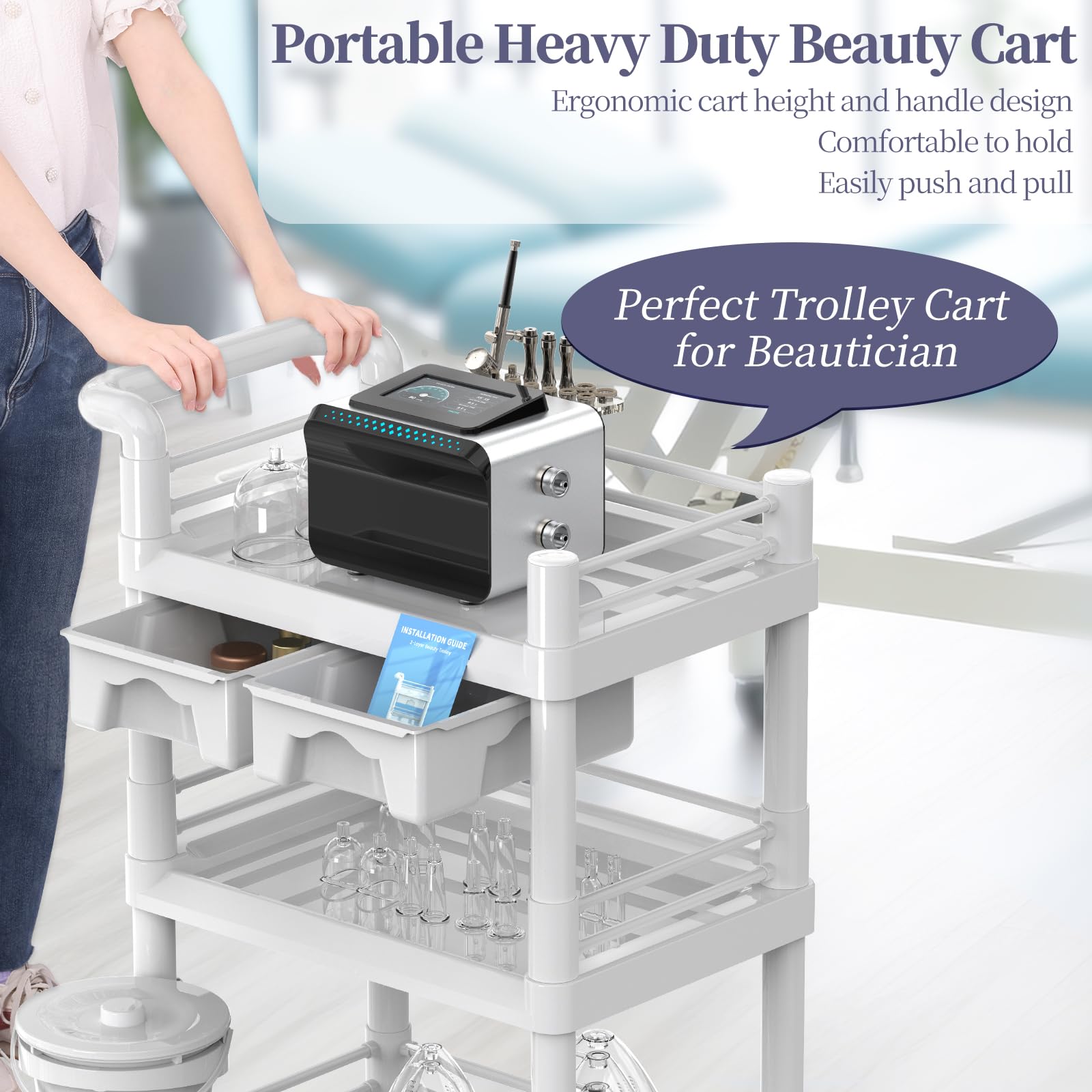 Professional Beauty Trolley Cart with Wheels - Heavy Duty 3-Tier Esthetician Cart with Handrail, 2 Large Drawers & Bucket - 330lbs Capacity Salon SPA Cart with 360° Silent Rotating Wheels - Perfect for Mobile Beauty Services, Salon Organization & Spa Treatments