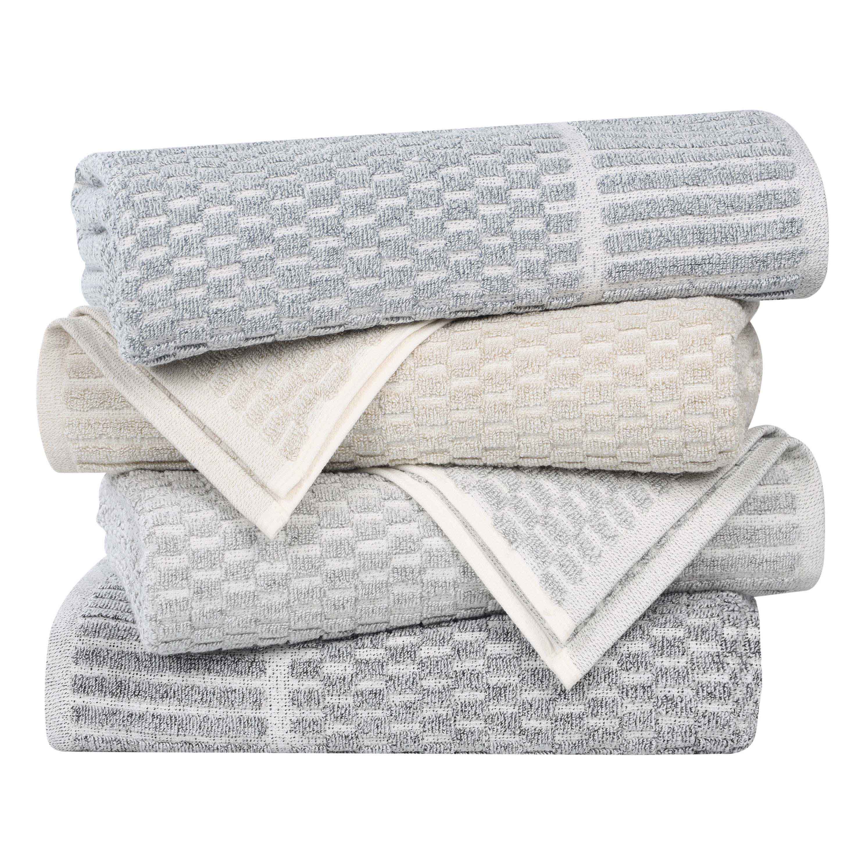Premium 9-Piece Cotton Blend Checkered Border Towel Set - Medium Weight, Soft & Absorbent for Bathroom, Spa, and Guest Use