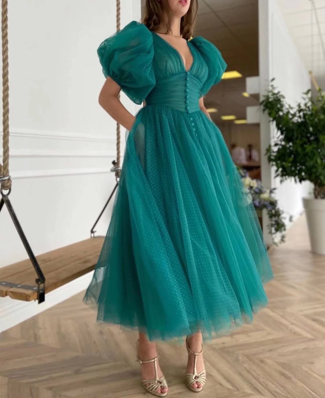 Elegant Royal Blue Puffy Sleeve Prom Dress for Women | Tea-Length A-Line Formal Evening Gown | Plus Size Wedding Ball Gown for Bride | Perfect for Prom, Homecoming, Quinceanera & Special Occasions