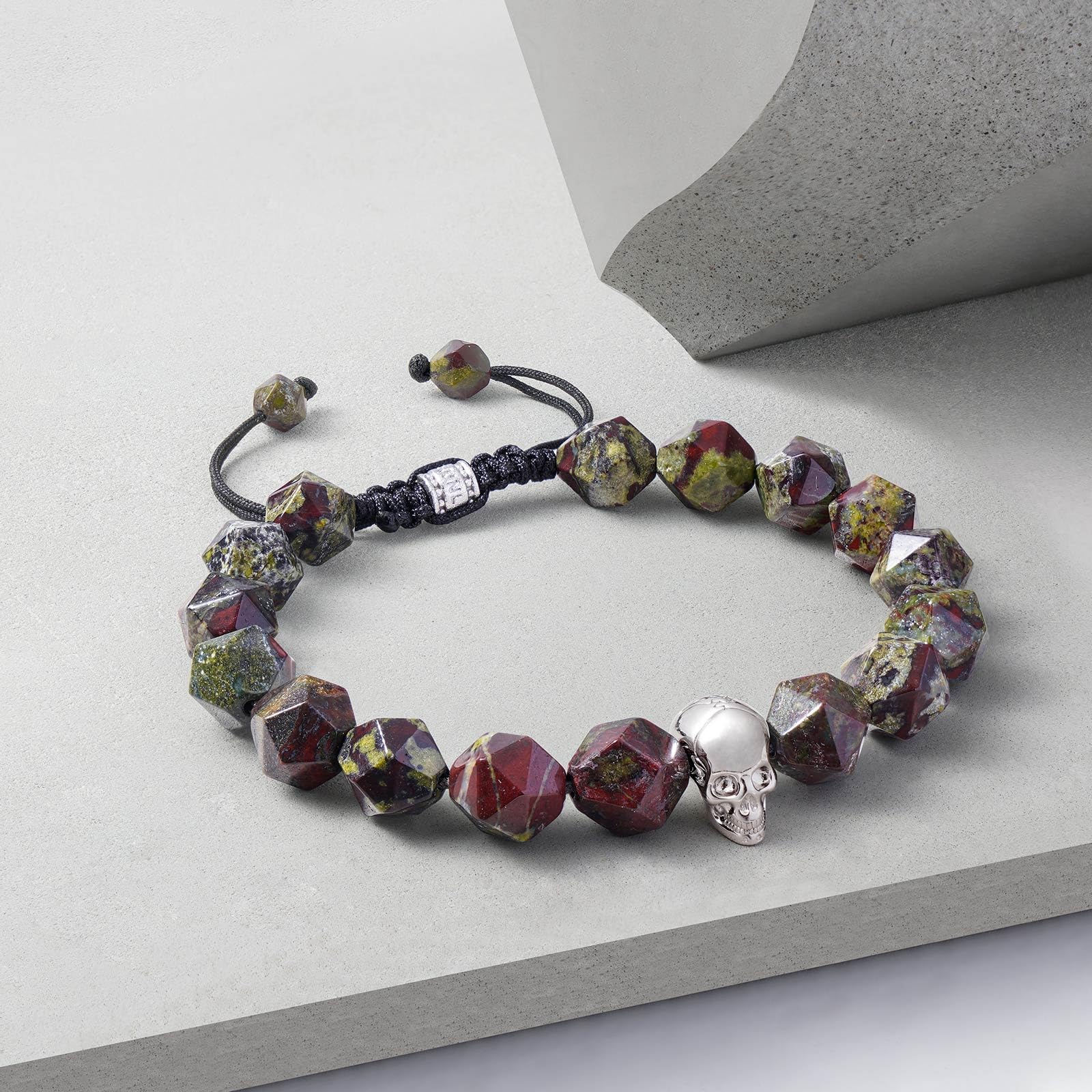 Men's Adjustable Dumortierite & Dragon Blood Jasper Beaded Bracelet with Sterling Silver Skull Charm - 10mm Natural Gemstone Braided Bracelet Gift (6.1-7.9 inches) for Spiritual Healing, Meditation & Fashion Accessories