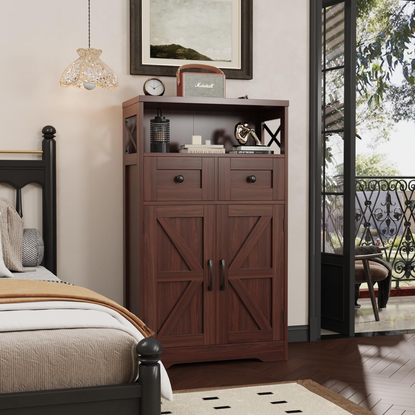 Dark Brown Storage Cabinet with Drawers and Shelves - Standing Kitchen Pantry Organizer, Floor Storage Hutch Cupboard for Coffee Bar Station | Perfect for Dining Room, Living Room & Home Office Organization