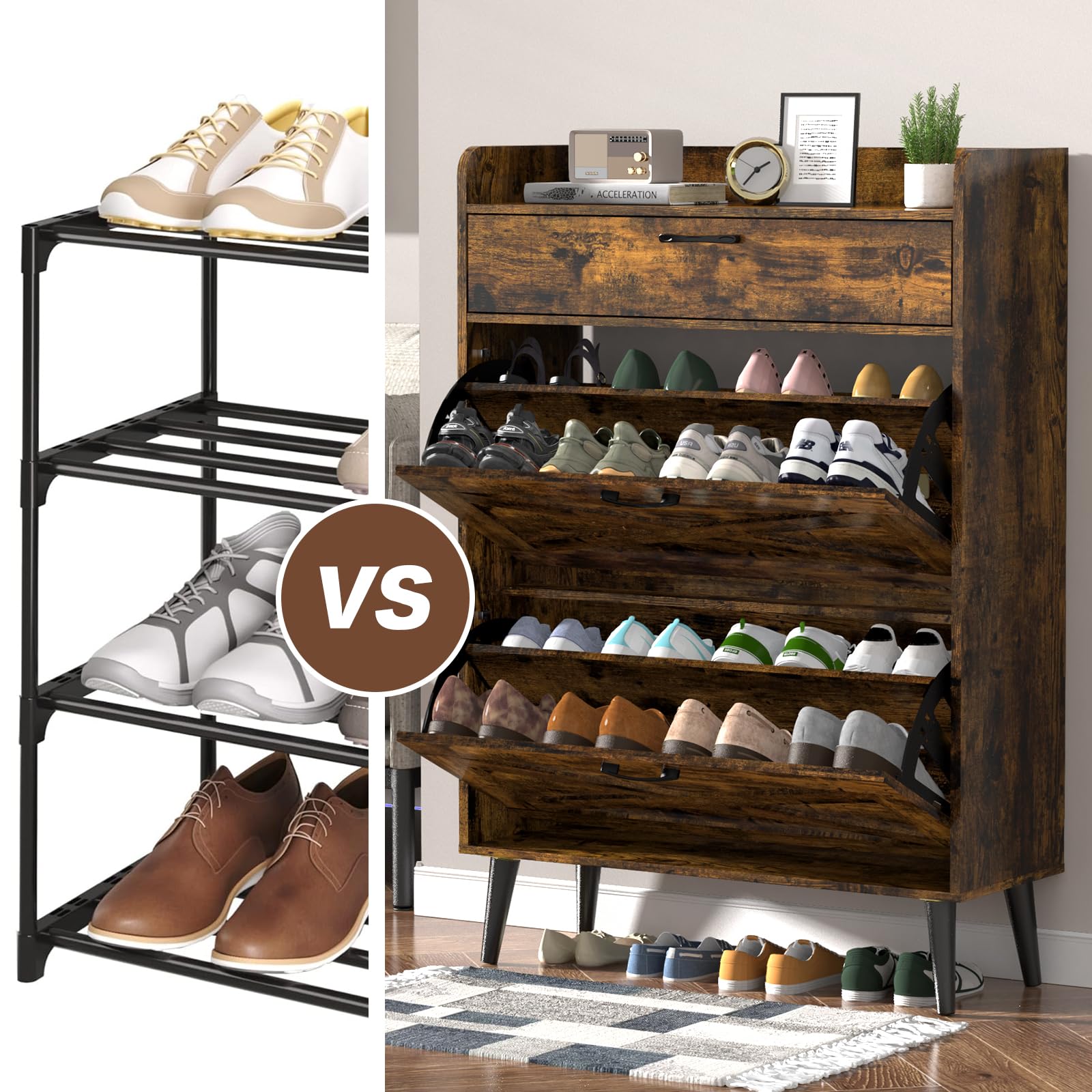 EasyCom 12-Pair Shoe Storage Cabinet with 2 Flip Drawers & Top Compartment - Freestanding Entryway Shoe Organizer with Metal Legs, Rustic Brown - Perfect for Small Spaces, Closet Organization & Entryway Storage