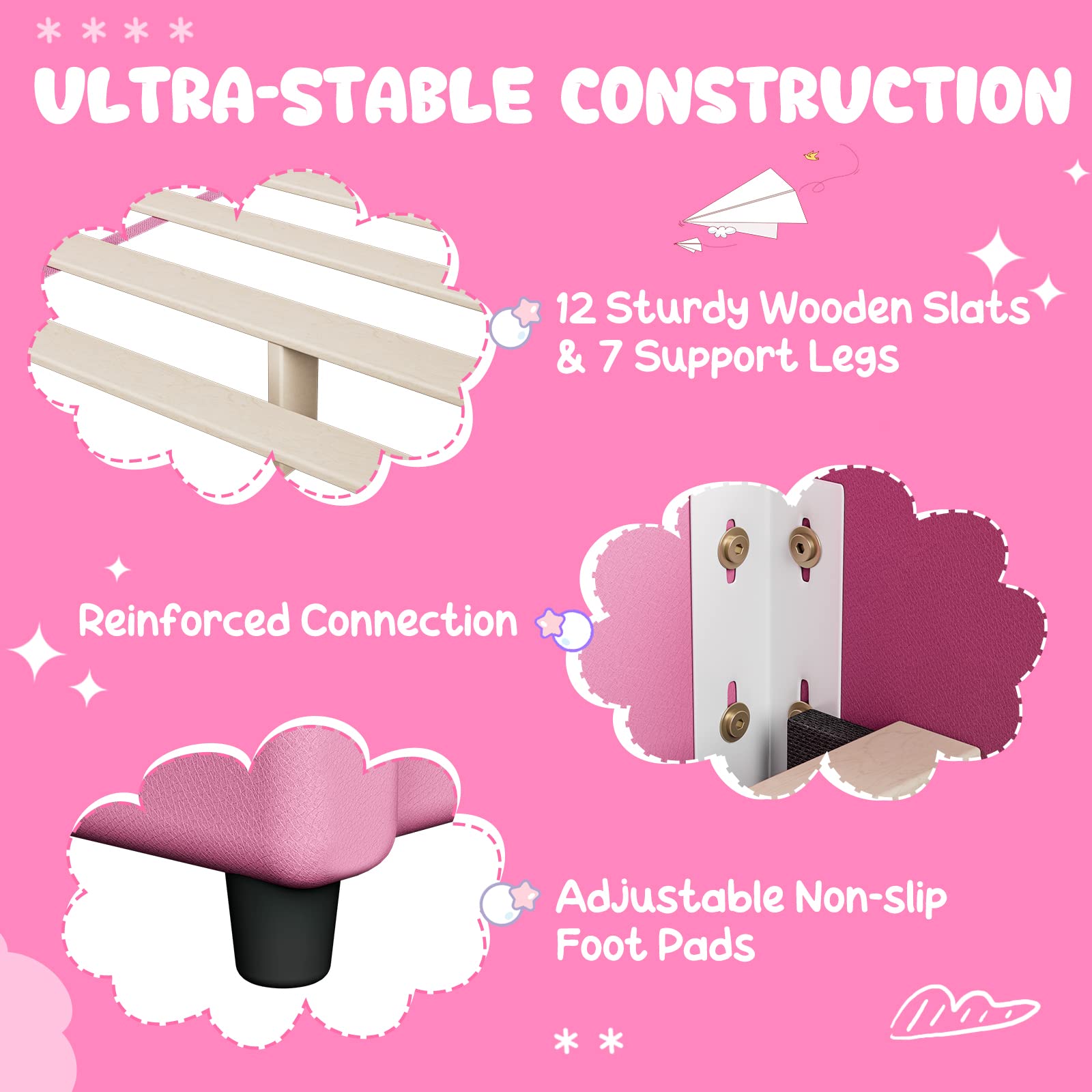 HONEY JOY Twin Bed Frame for Kids - Sturdy Wooden Platform Bed with Headboard & Slat Support, No Box Spring Required | Perfect for Boys & Girls Bedrooms | Fits Standard Twin Mattress (Pink) | Ideal for Toddler Rooms, Sleepovers & Kids' Bedroom Decor