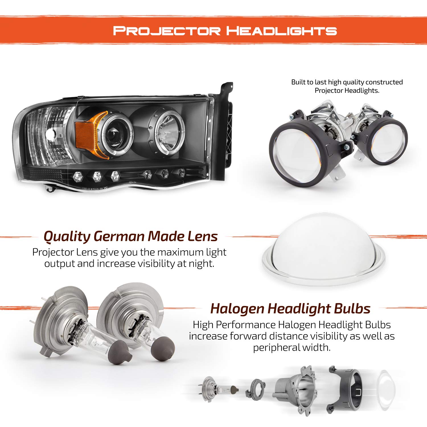 AKKON Black Dual Halo Projector Headlights for 2002-2005 Dodge Ram 1500 & 2003-2005 Ram 2500/3500 - Complete Pair Set with LED Halo Rings for Enhanced Night Driving Visibility