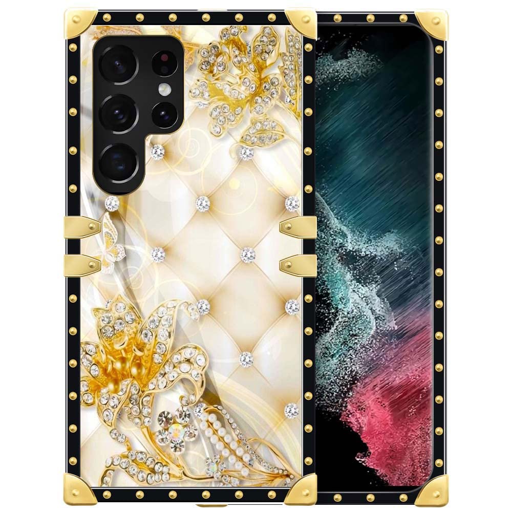 Samsung Galaxy S22 Ultra Case - Luxury Diamond Gold Rose Design, Shockproof TPU & Hard PC Protective Cover for Women - Perfect for Daily Use, Travel, and Gift Giving