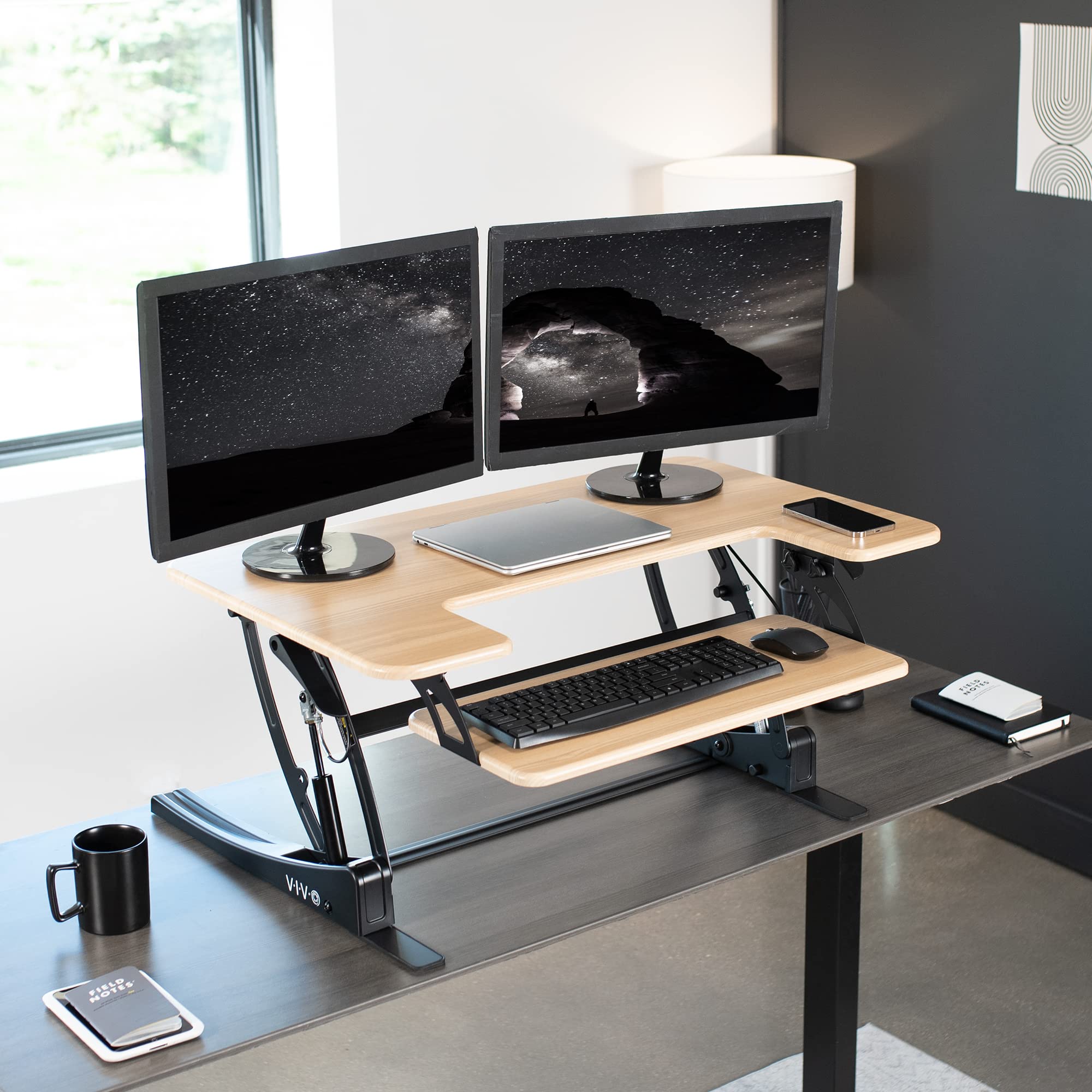 VIVO V Series 36 Inch Height Adjustable Stand Up Desk Converter - Quick Sit to Stand Tabletop Dual Monitor Riser Workstation with Light Wood Top & Black Frame (DESK-V000VO) - Perfect for Home Office, Gaming Setup & Workspace Ergonomics