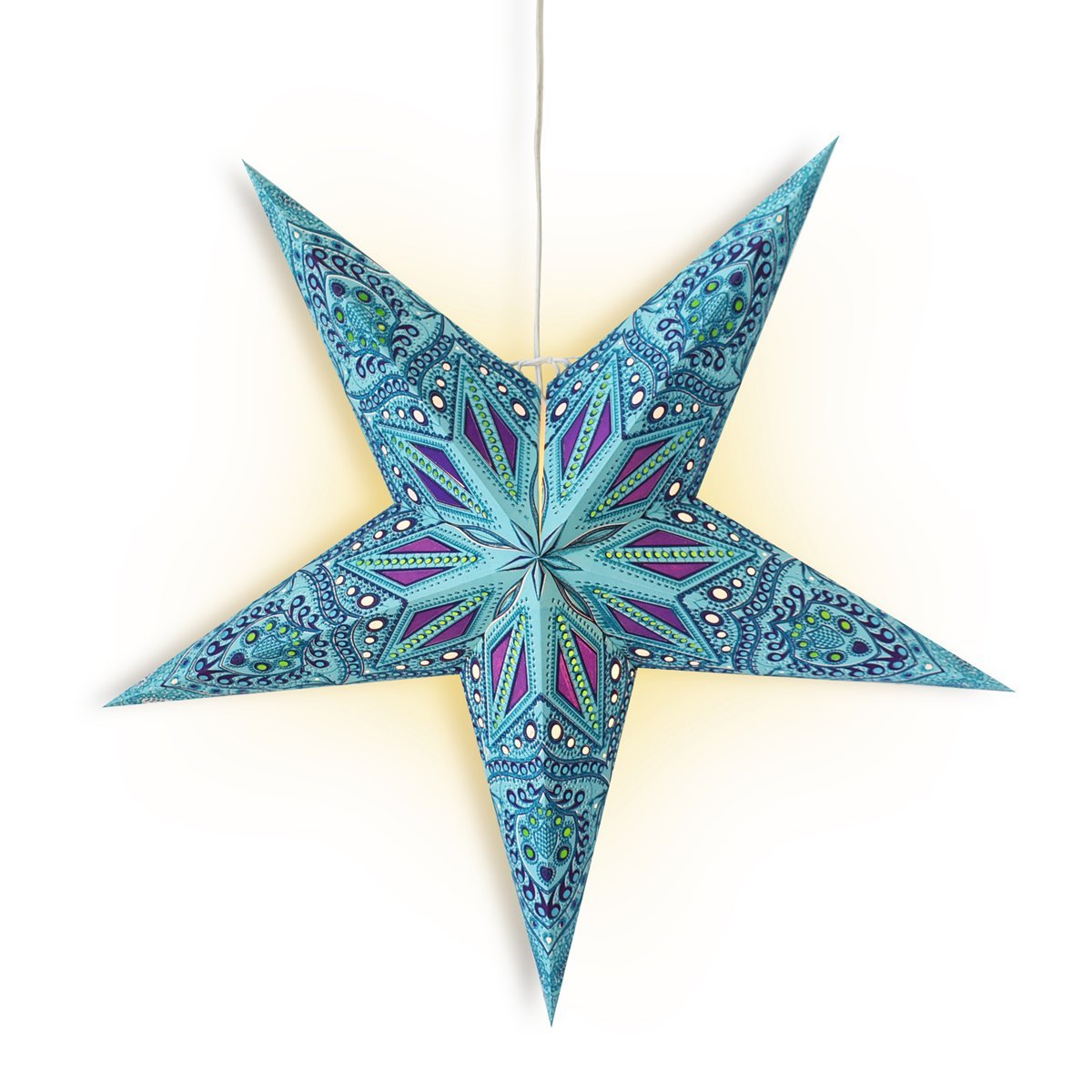 24 Pack Turquoise Crystal Glitter Paper Star Lanterns - Hanging Wedding, Party & Home Decorations for Indoor/Outdoor Events, Baby Showers & Festive Celebrations