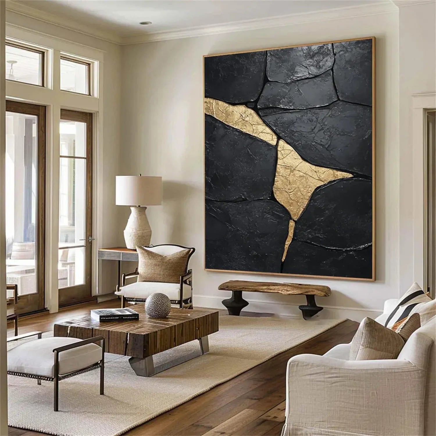 Black Gold Minimalist Textured Painting Canvas Wall Art - Modern Abstract Home Decor for Living Room, Bedroom & Office | Premium Quality #MZ124