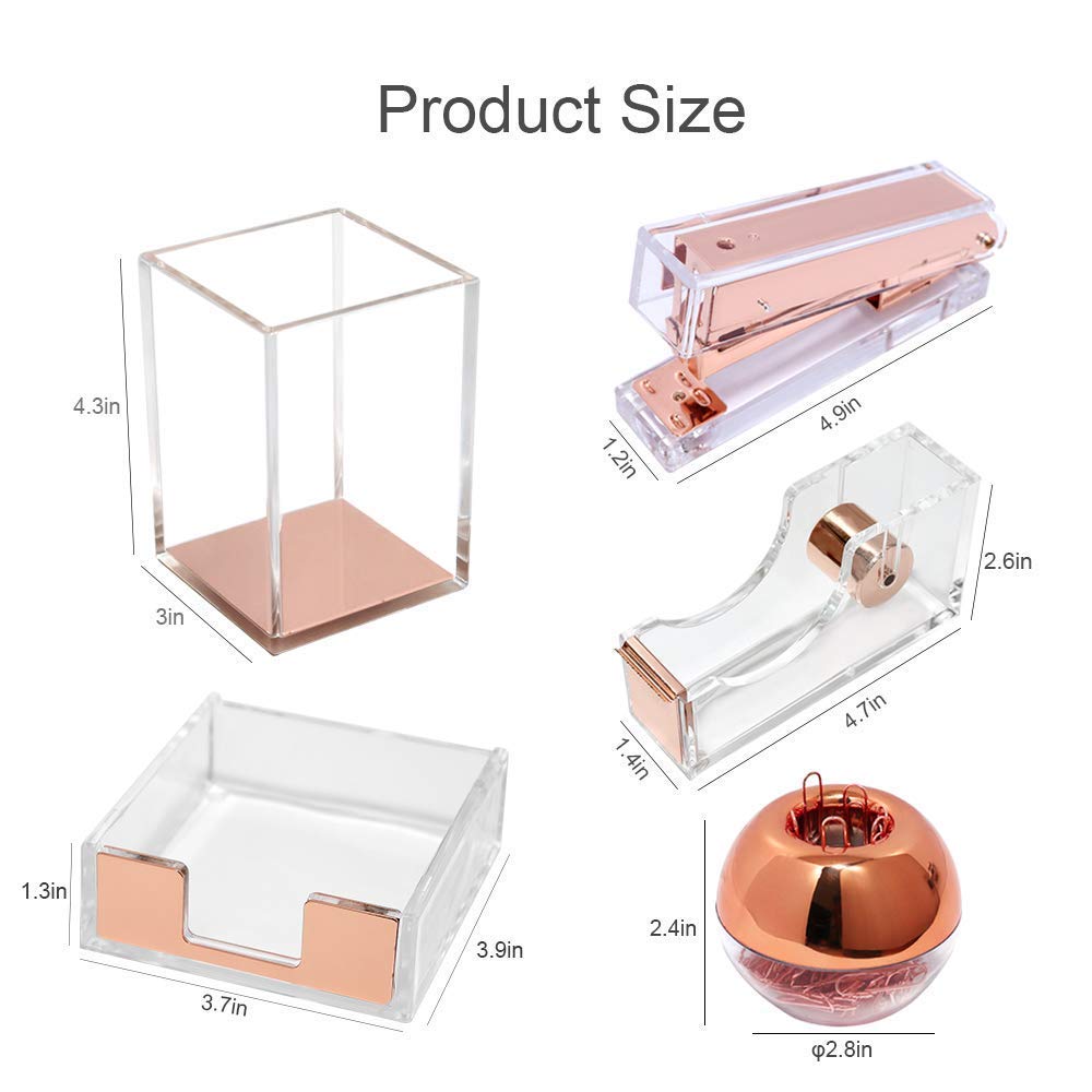 Clear Rose Gold Acrylic Desk Organizer Set - Tape Dispenser, Stapler (24/6 Staples), Sticky Notes Holder, Magnetic Paper Clip Holder, Pen & Pencil Holder - Stylish Office Supplies for Home & Workspace Organization